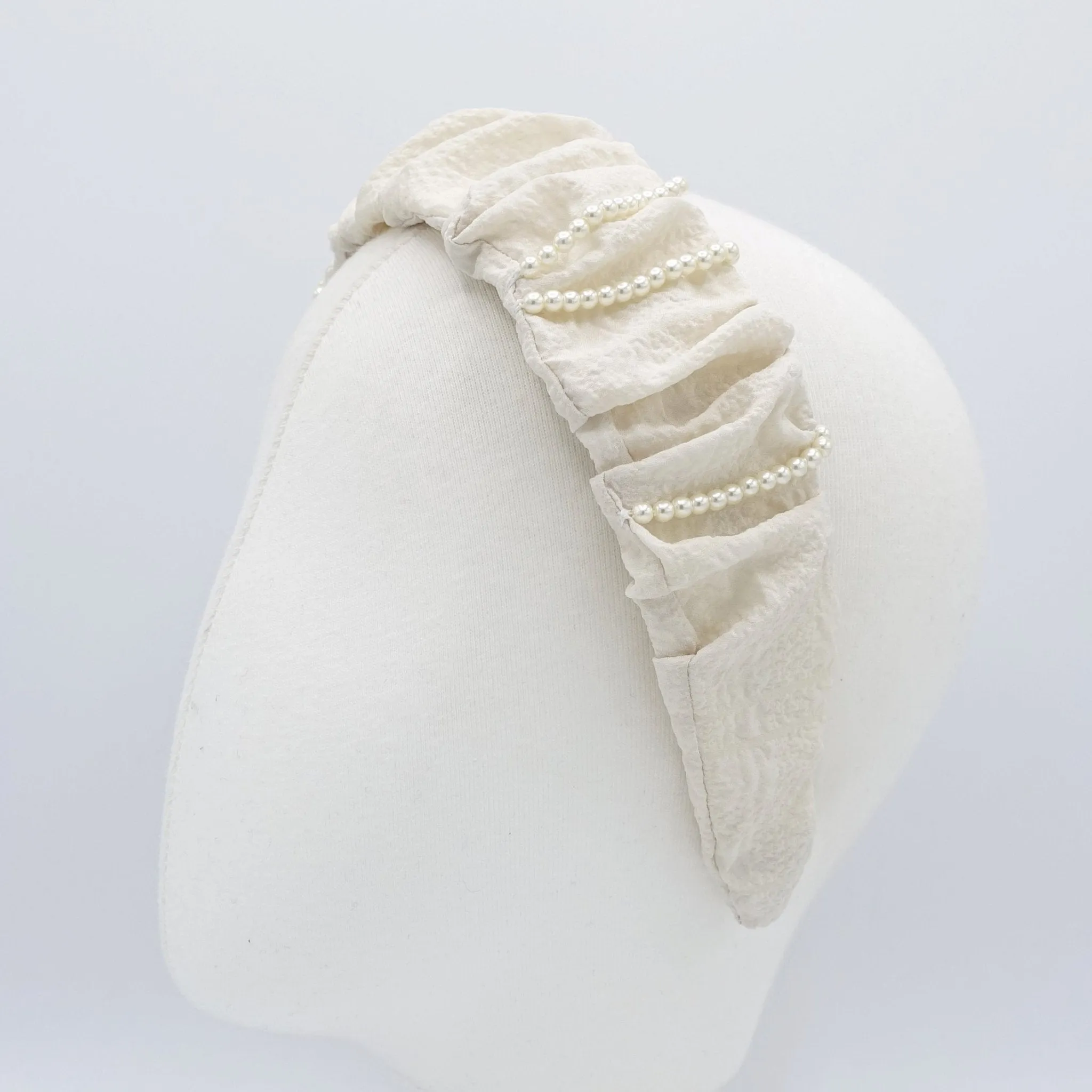 pleated headband pearl beaded ornaments embellished hairband crinkled fabric hair accessory