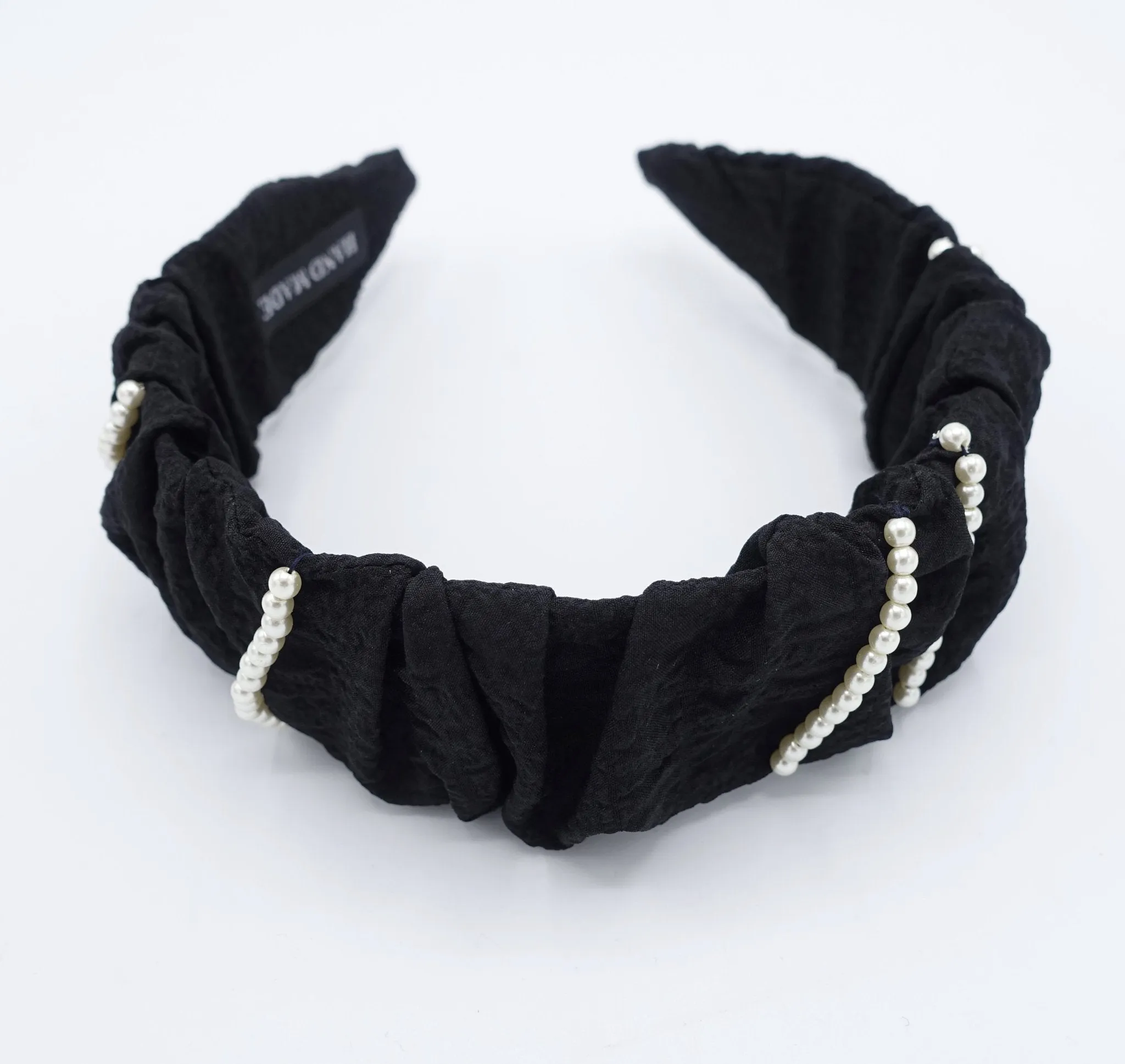 pleated headband pearl beaded ornaments embellished hairband crinkled fabric hair accessory