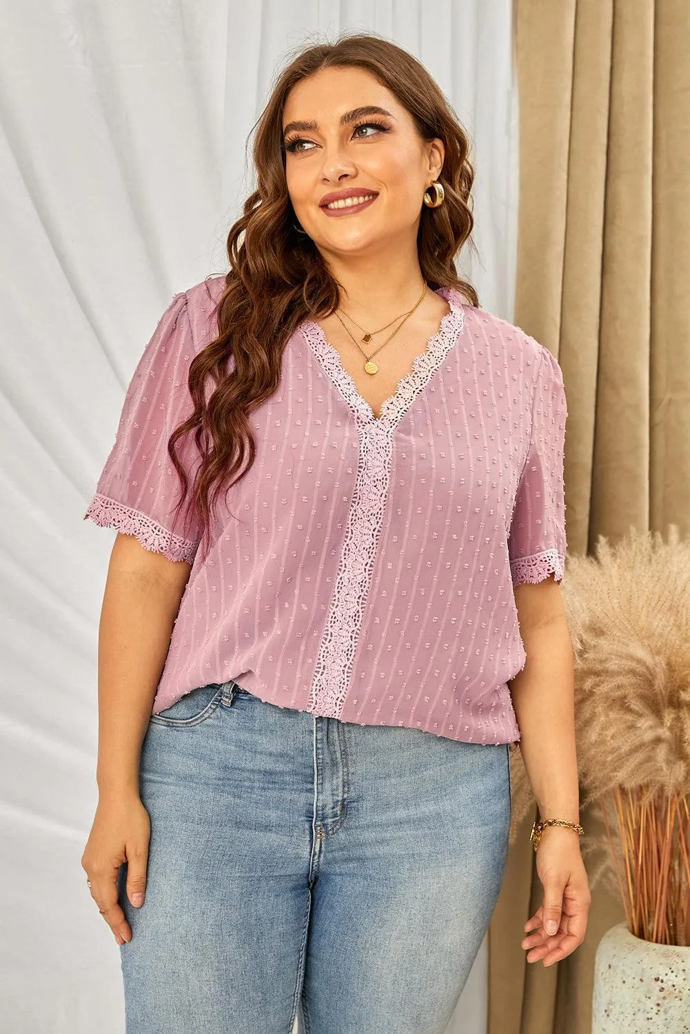 Plus Size Swiss Dot Spliced Lace V-Neck Blouse