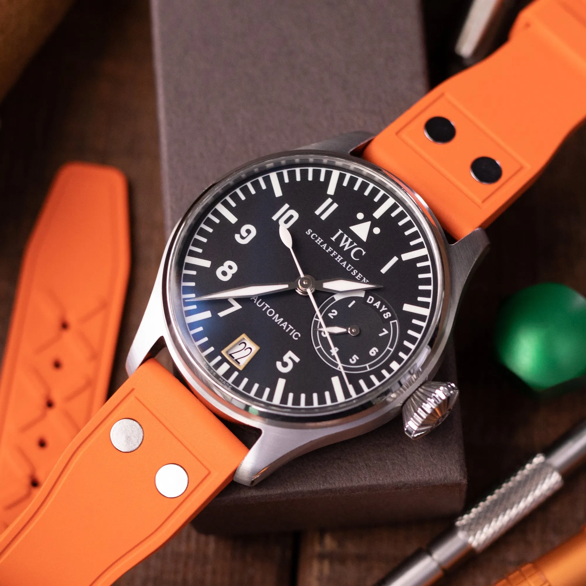 Quick Release Orange Rivet Pilot FKM rubber watch strap, 20mm or 22mm