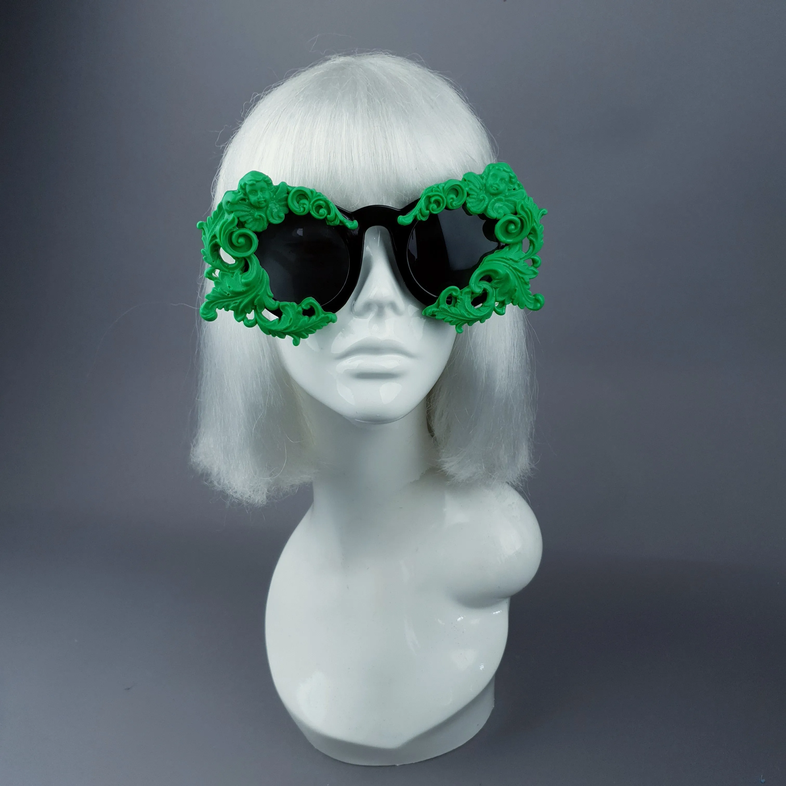 "Venus" Black & Green Filigree & Cherub Baroque Sunglasses