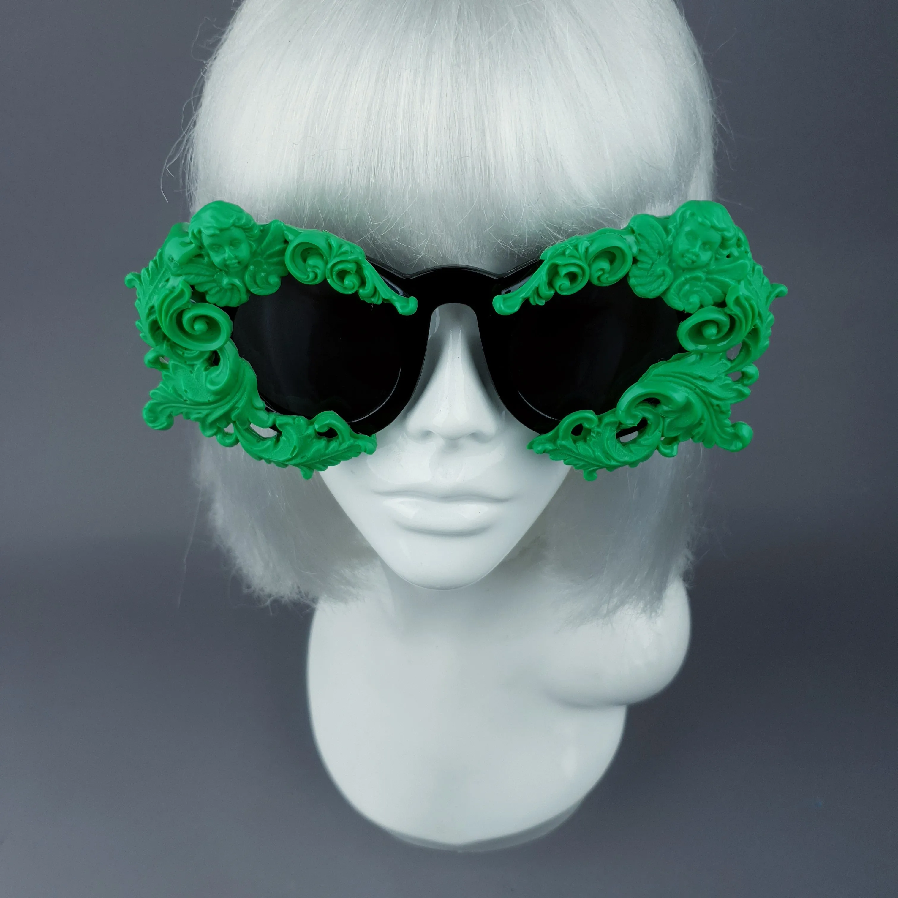 "Venus" Black & Green Filigree & Cherub Baroque Sunglasses