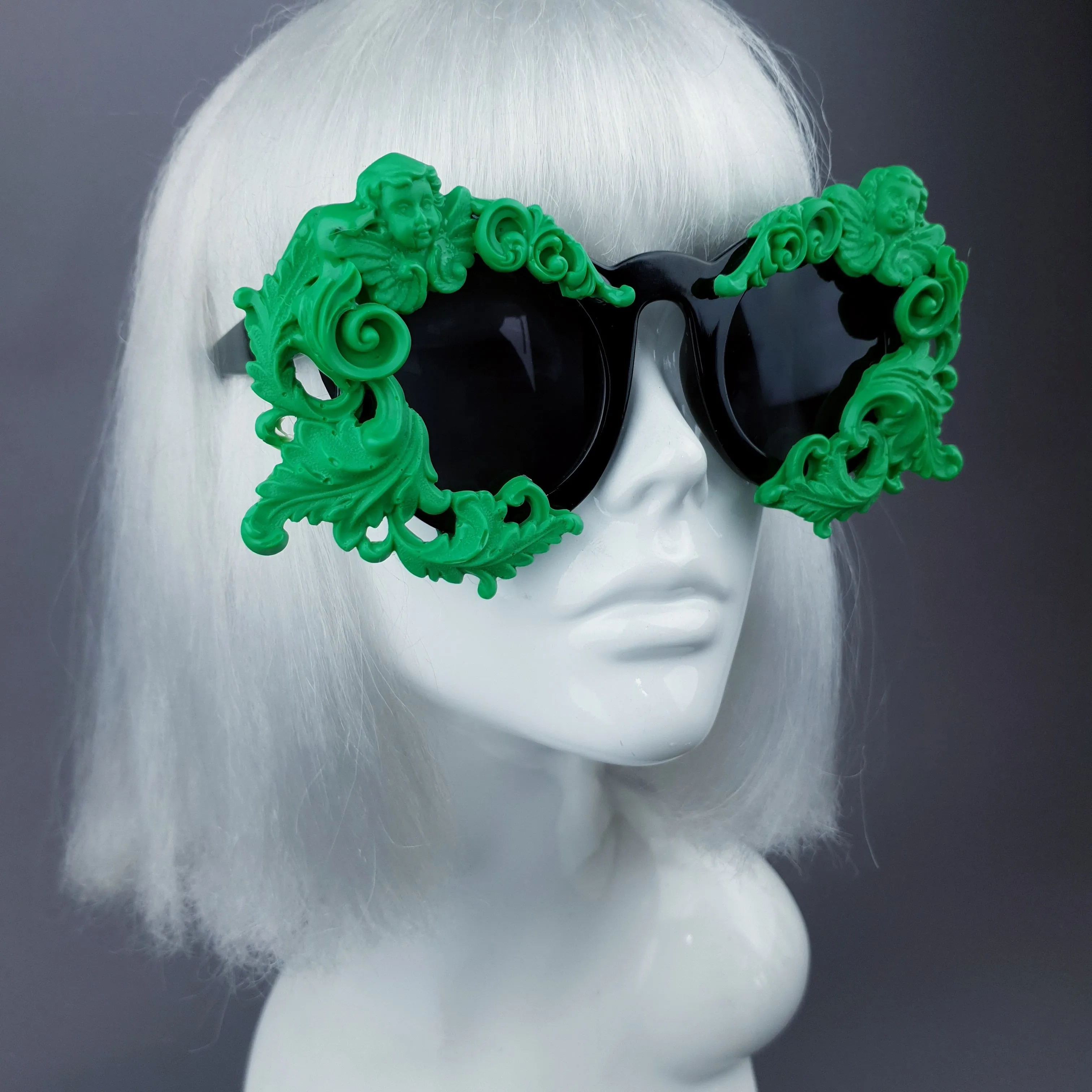 "Venus" Black & Green Filigree & Cherub Baroque Sunglasses