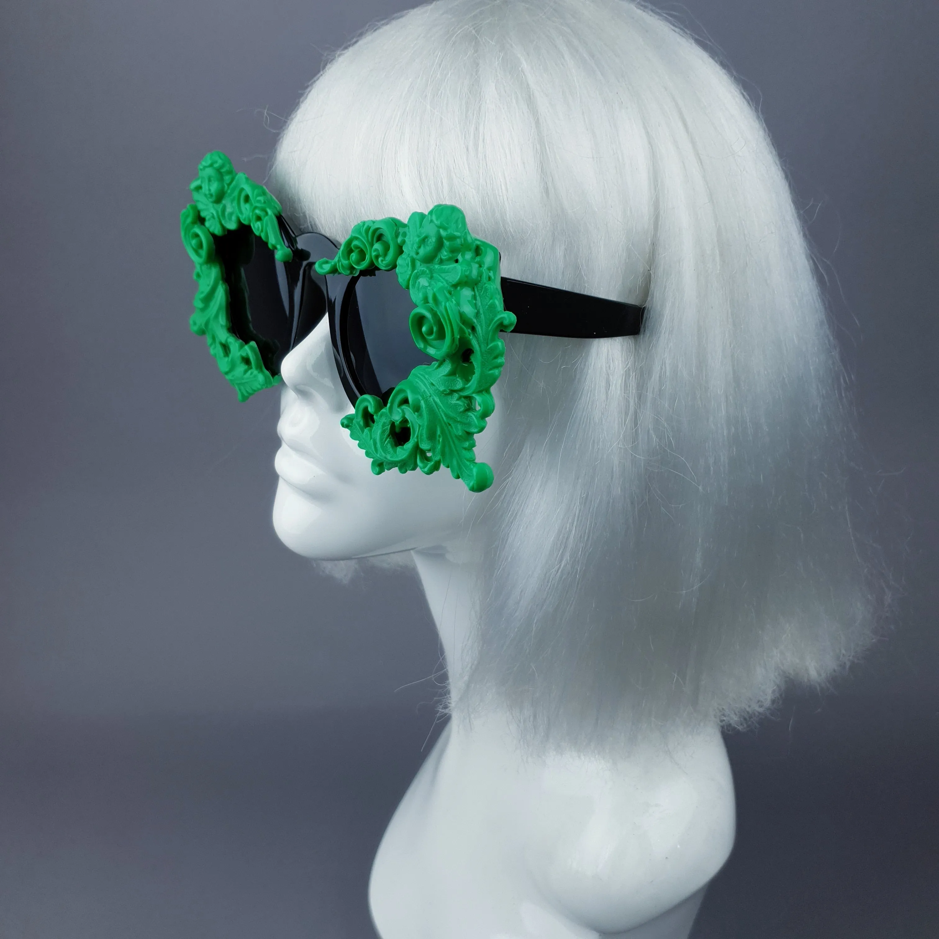 "Venus" Black & Green Filigree & Cherub Baroque Sunglasses