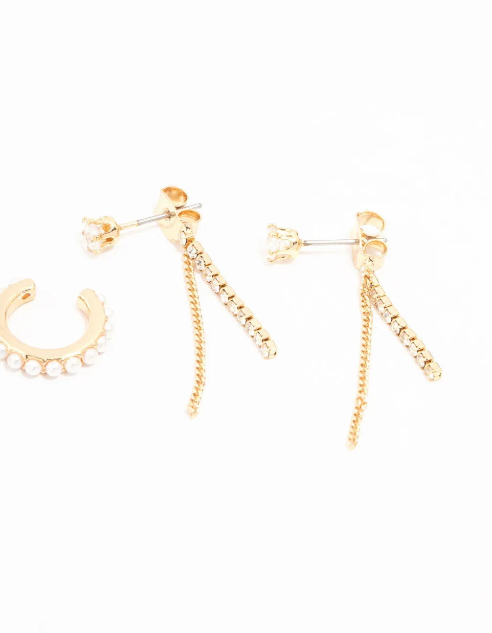 Real Gold Plated Bow, Freshwater Pearl Cuff & Cubic Zirconia Cup Chain Earrings 3-Pack