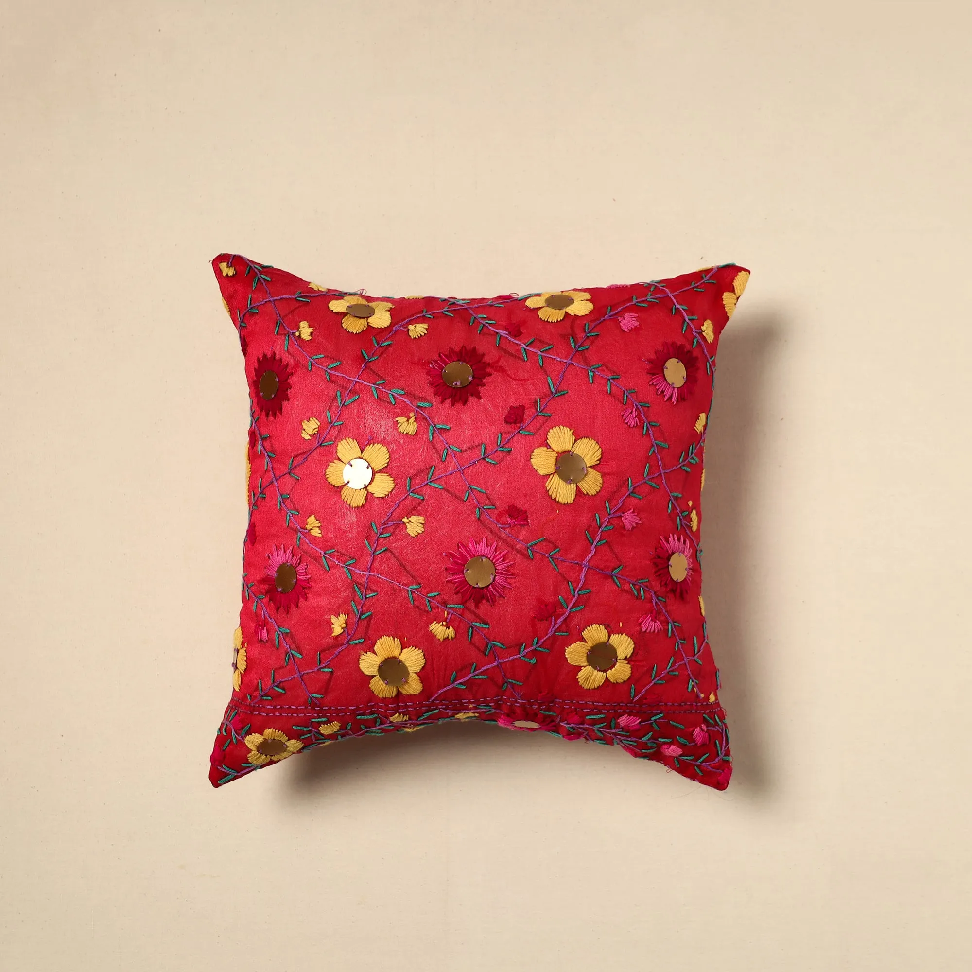 Red - Silk Cotton Phulkari Embroidered Cushion Cover 08