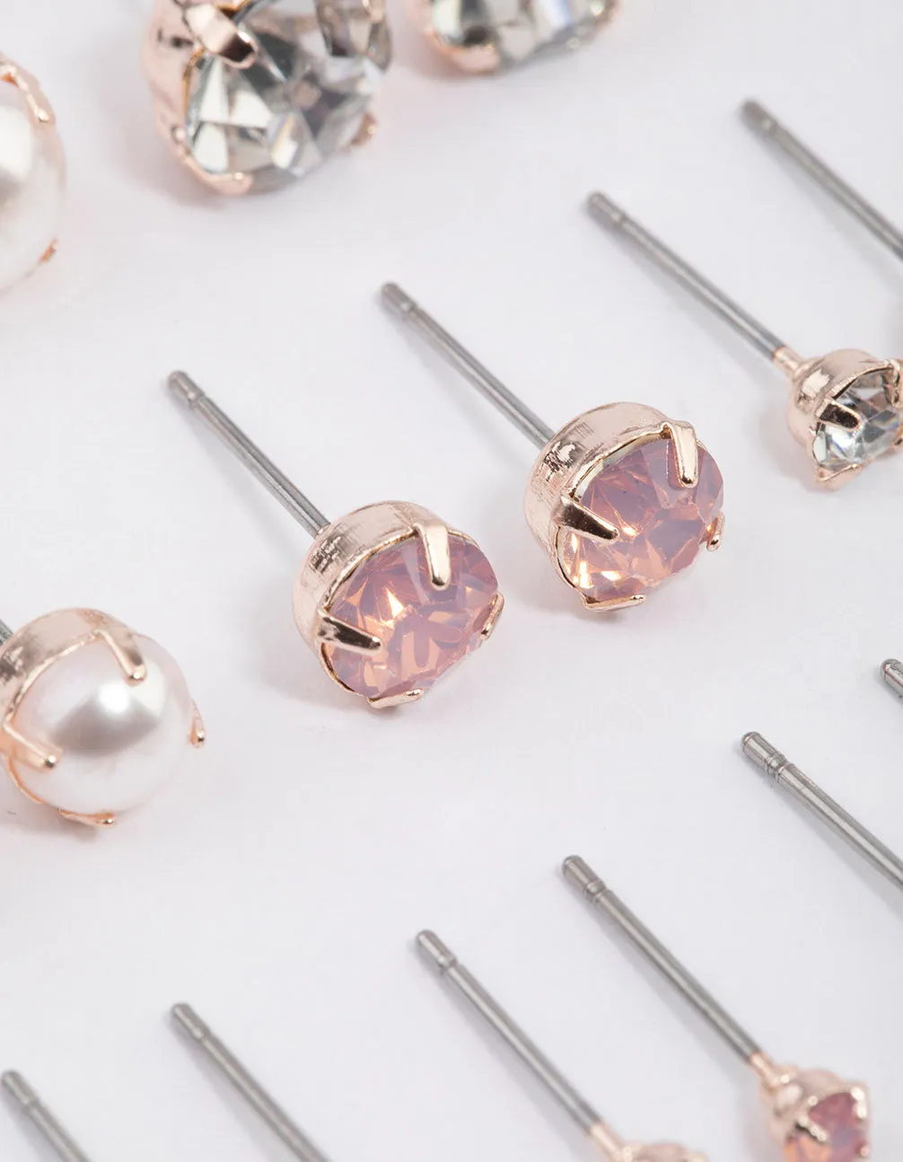 Rose Gold Pearl & Diamante Stud Earrings 8-Pack