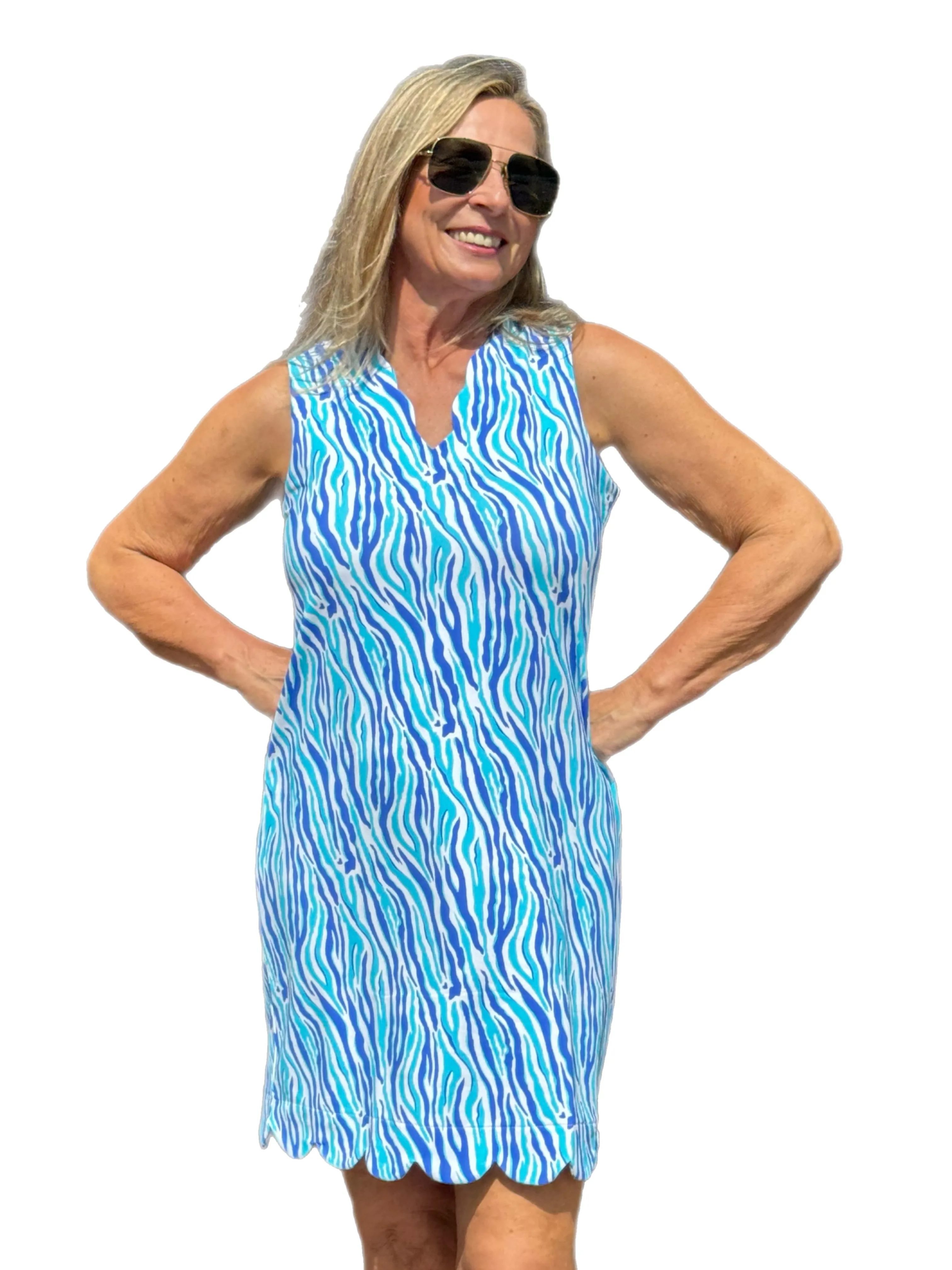 Scalloped-Neck and -Hem Sleeveless Dress with UPF50  Blue Zebra