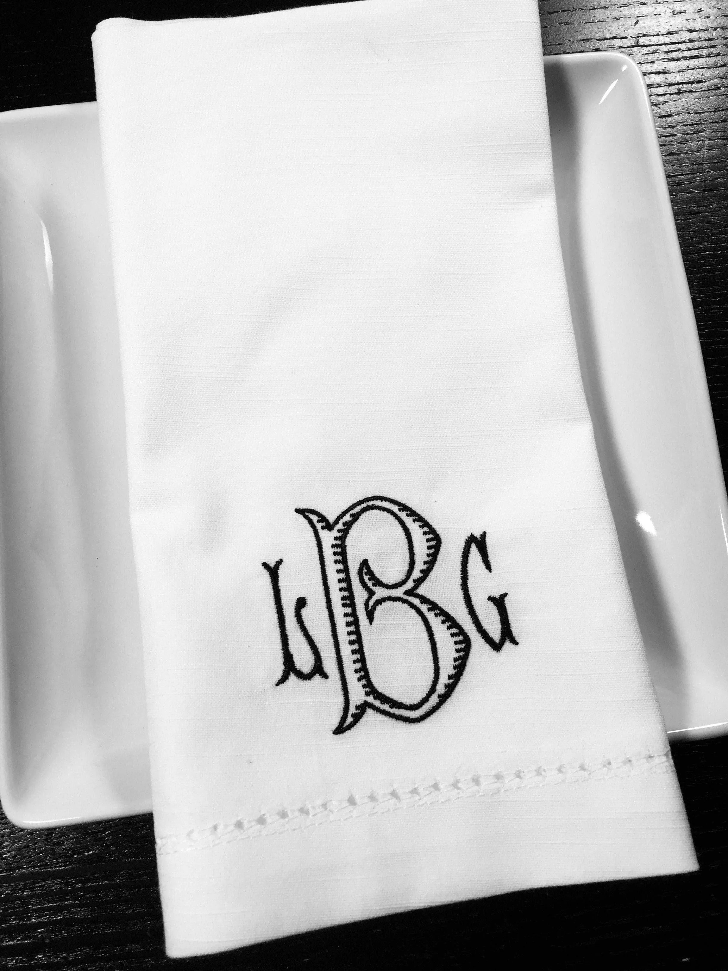 Set of 4 Baroque Monogrammed Wedding Napkins, Embroidered Dinner Napkins