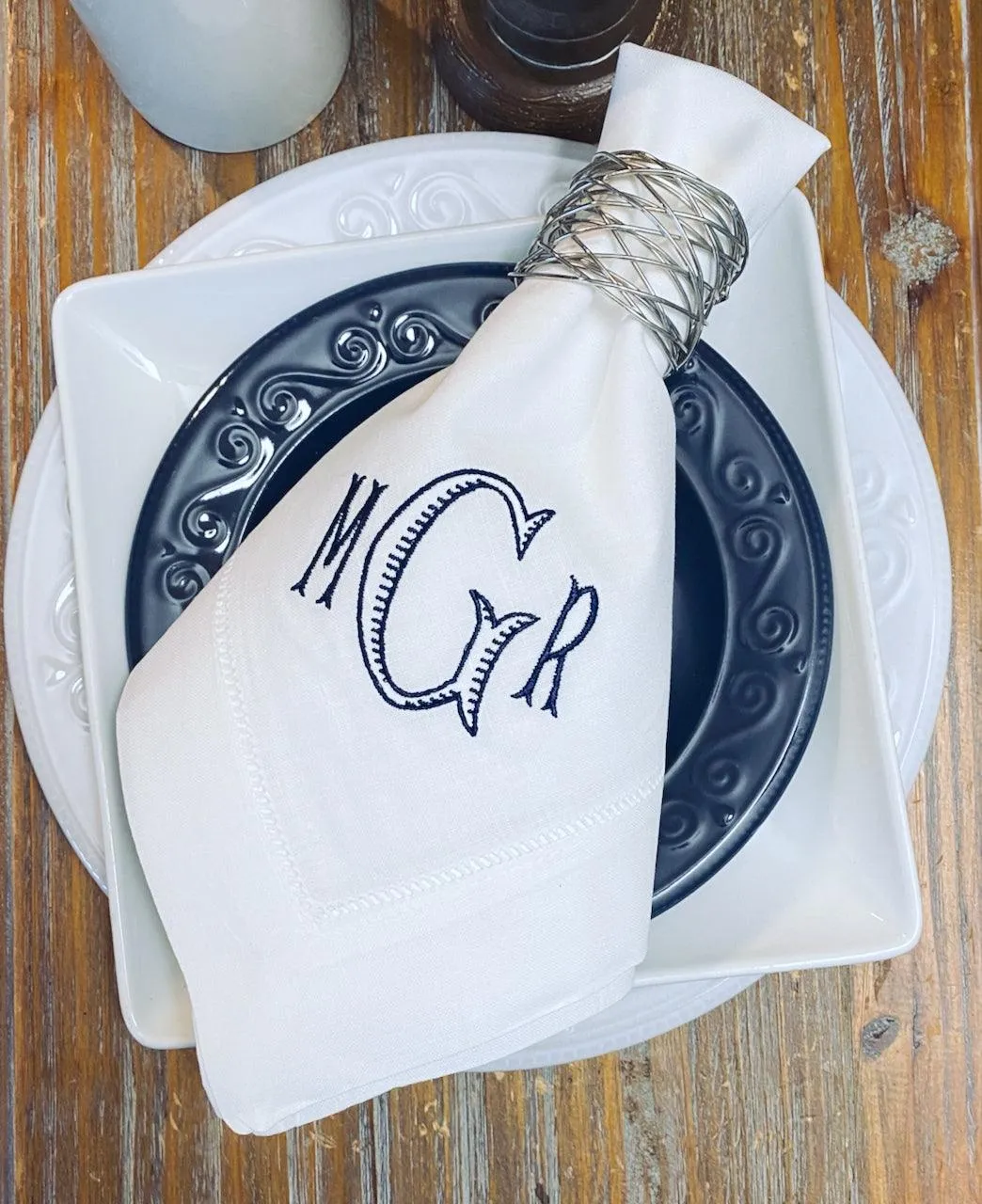 Set of 4 Baroque Monogrammed Wedding Napkins, Embroidered Dinner Napkins