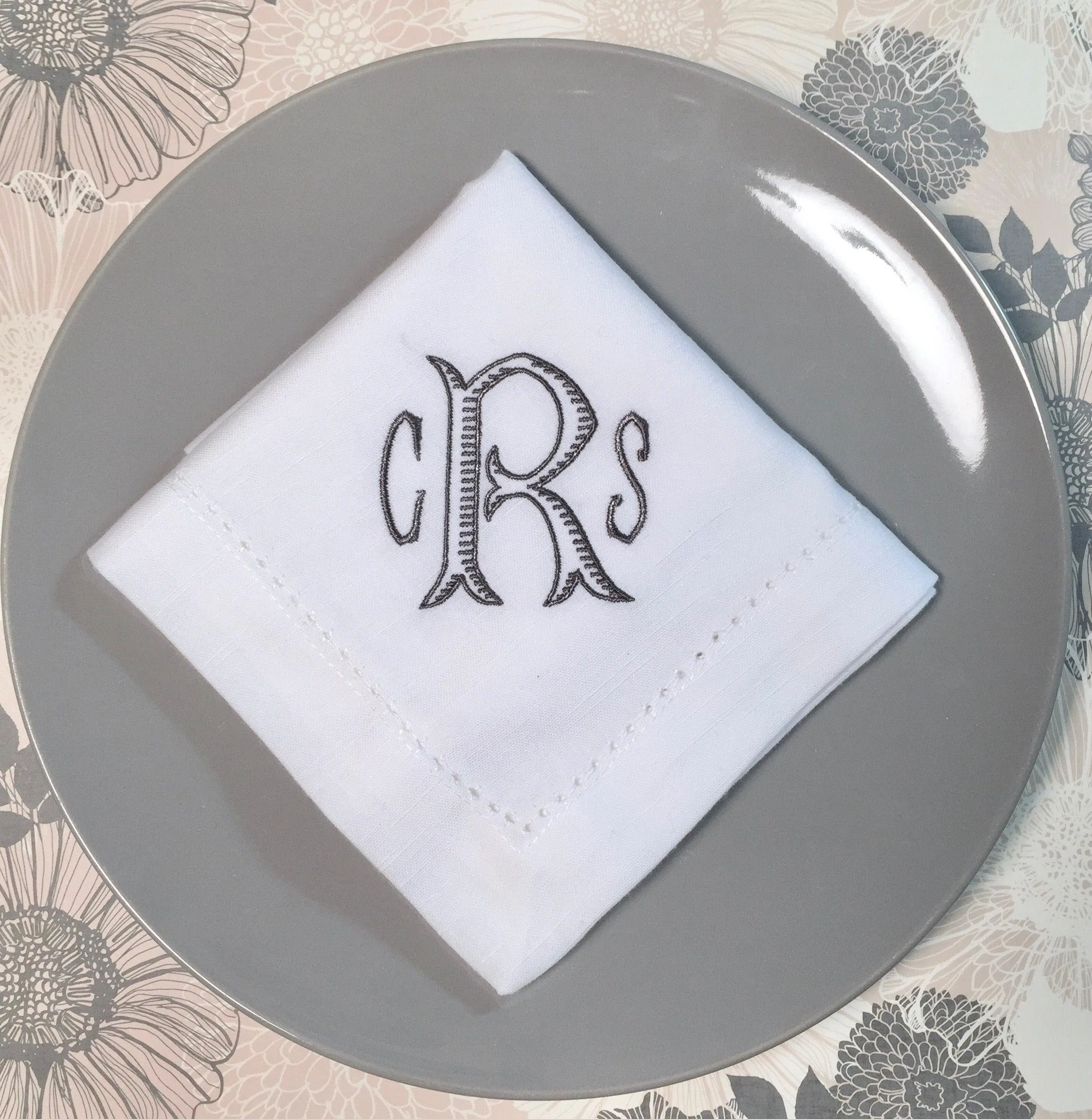 Set of 4 Baroque Monogrammed Wedding Napkins, Embroidered Dinner Napkins