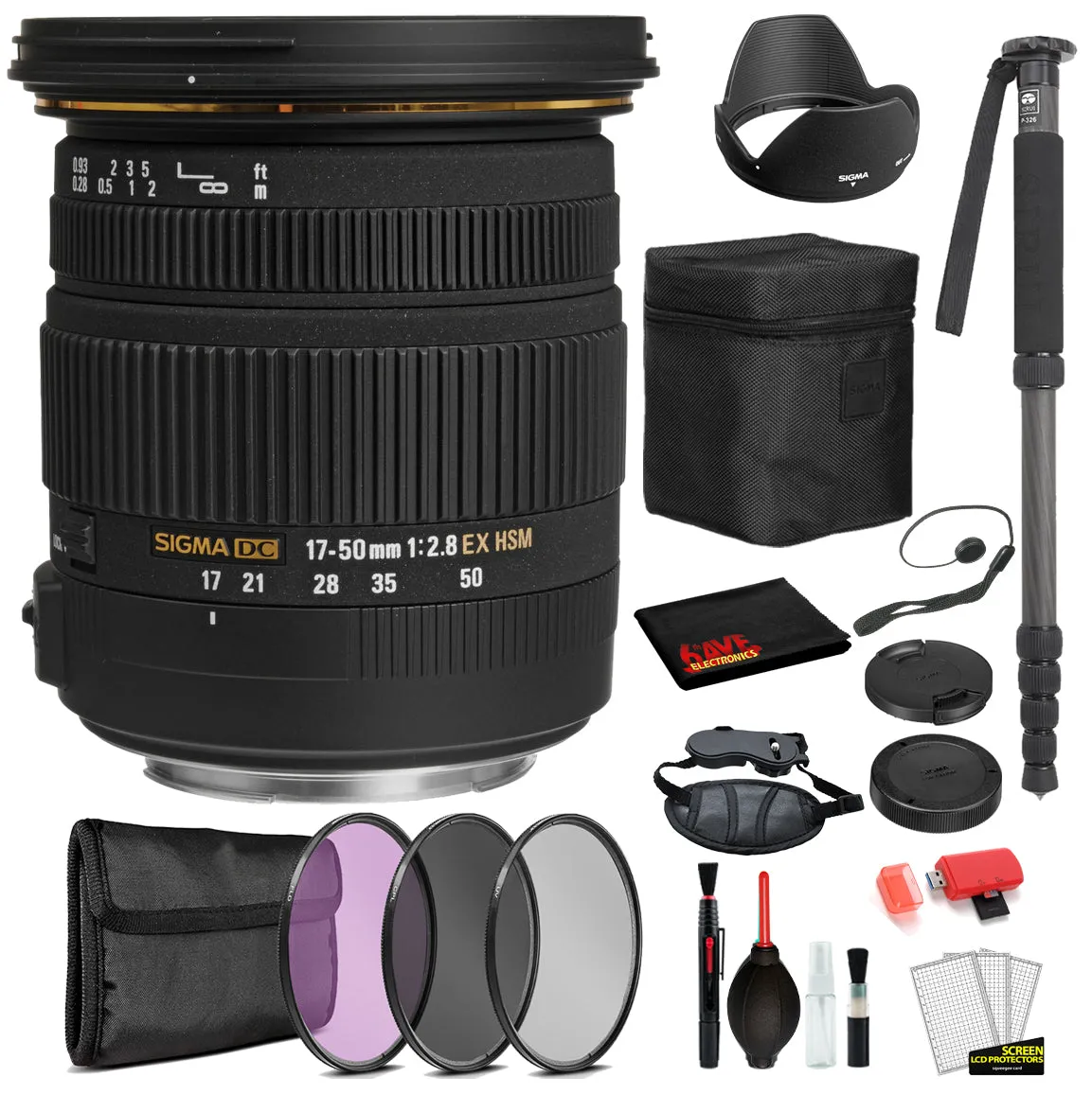 Sigma 17-50mm f/2.8 EX DC OS HSM Lens for Canon EF with Bundle Includes: Pro Series Monopod, 3PC Filter Kit   More