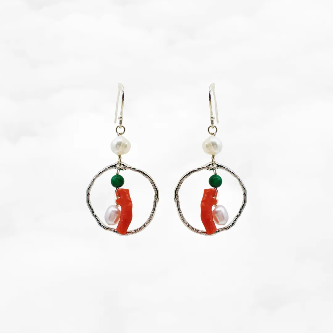 Silver Red Coral Chandelier Earrings