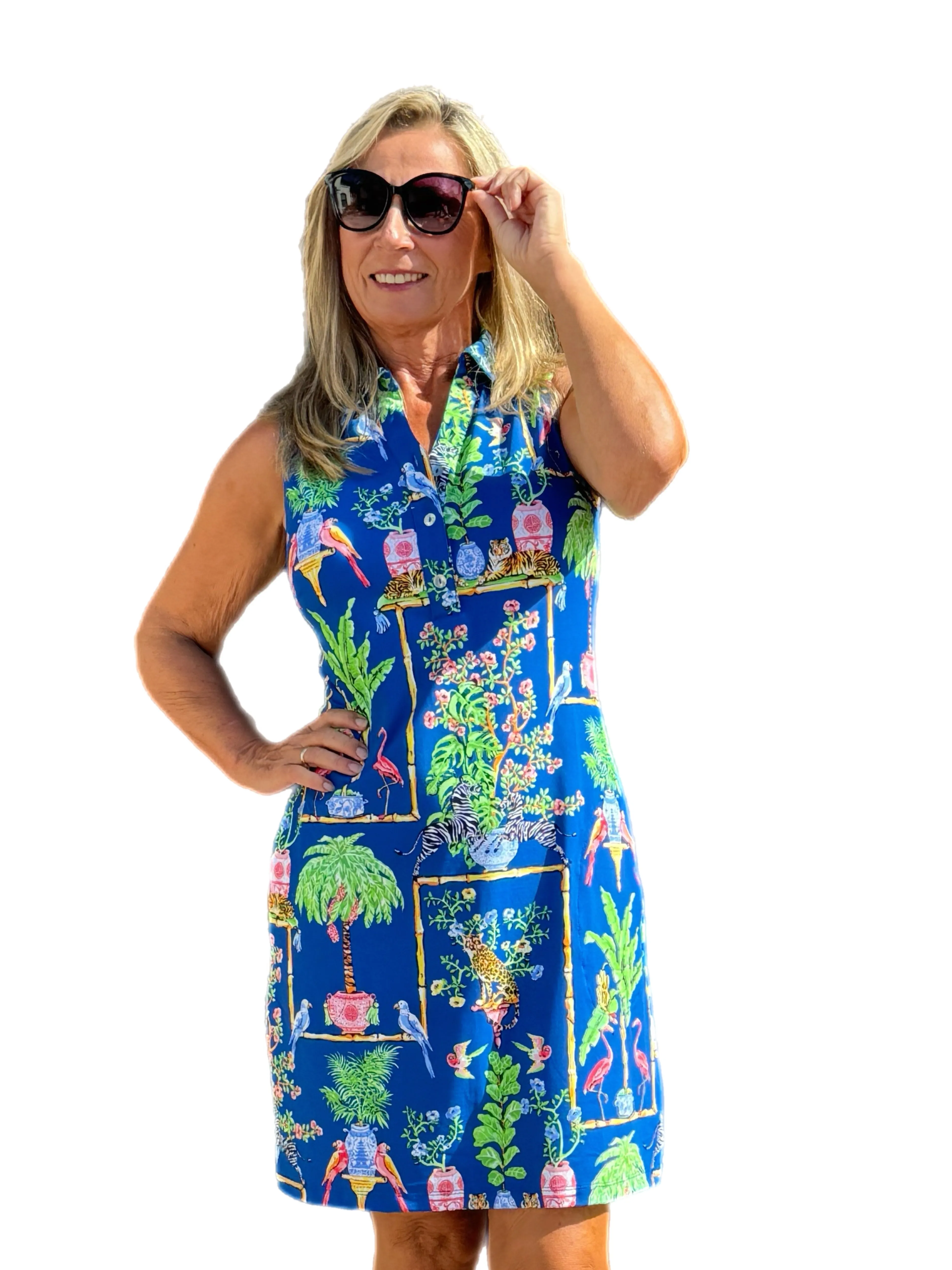 Sleeveless Polo-Collar Dress with UPF50  Tropical Navy