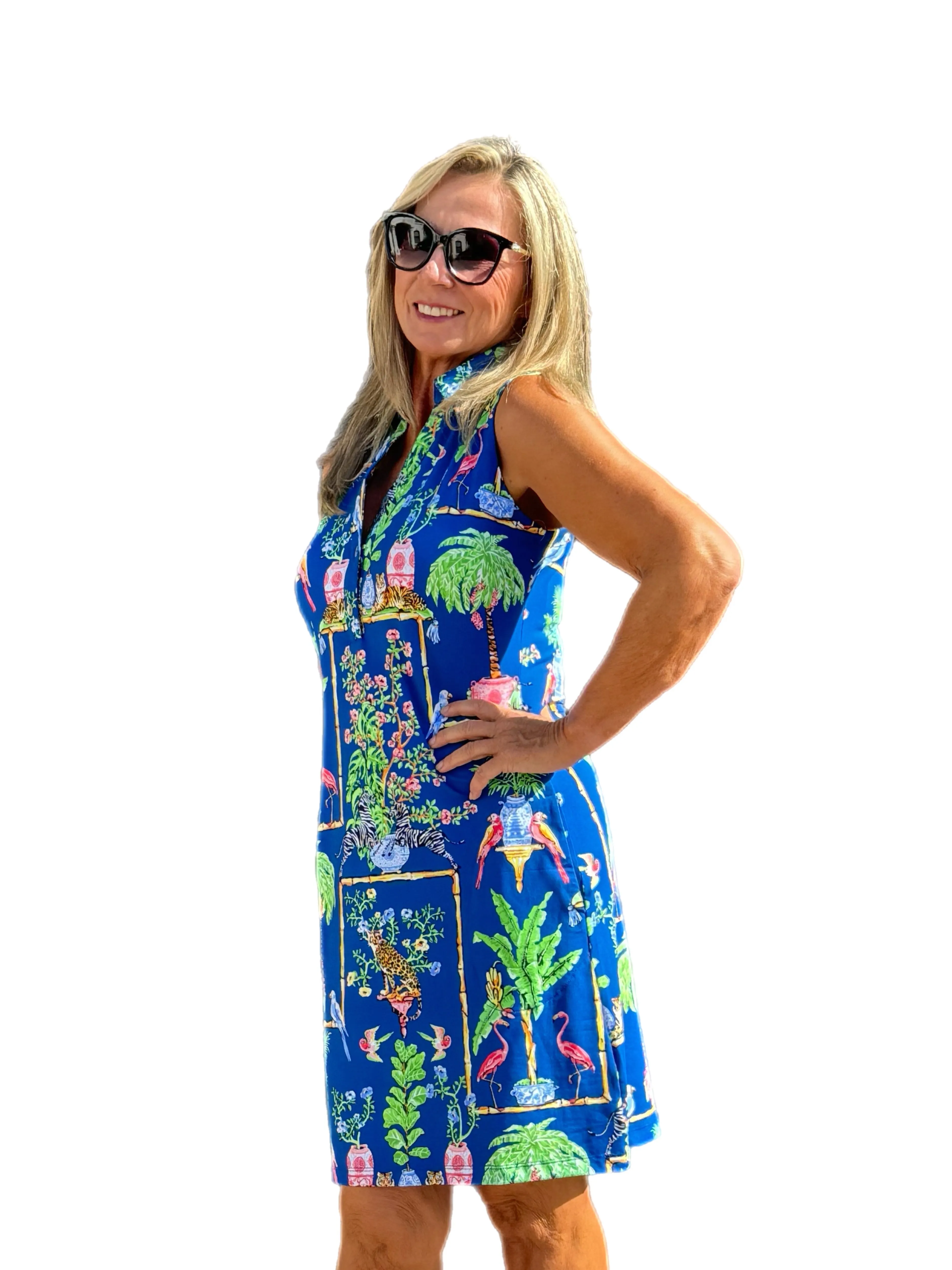 Sleeveless Polo-Collar Dress with UPF50  Tropical Navy