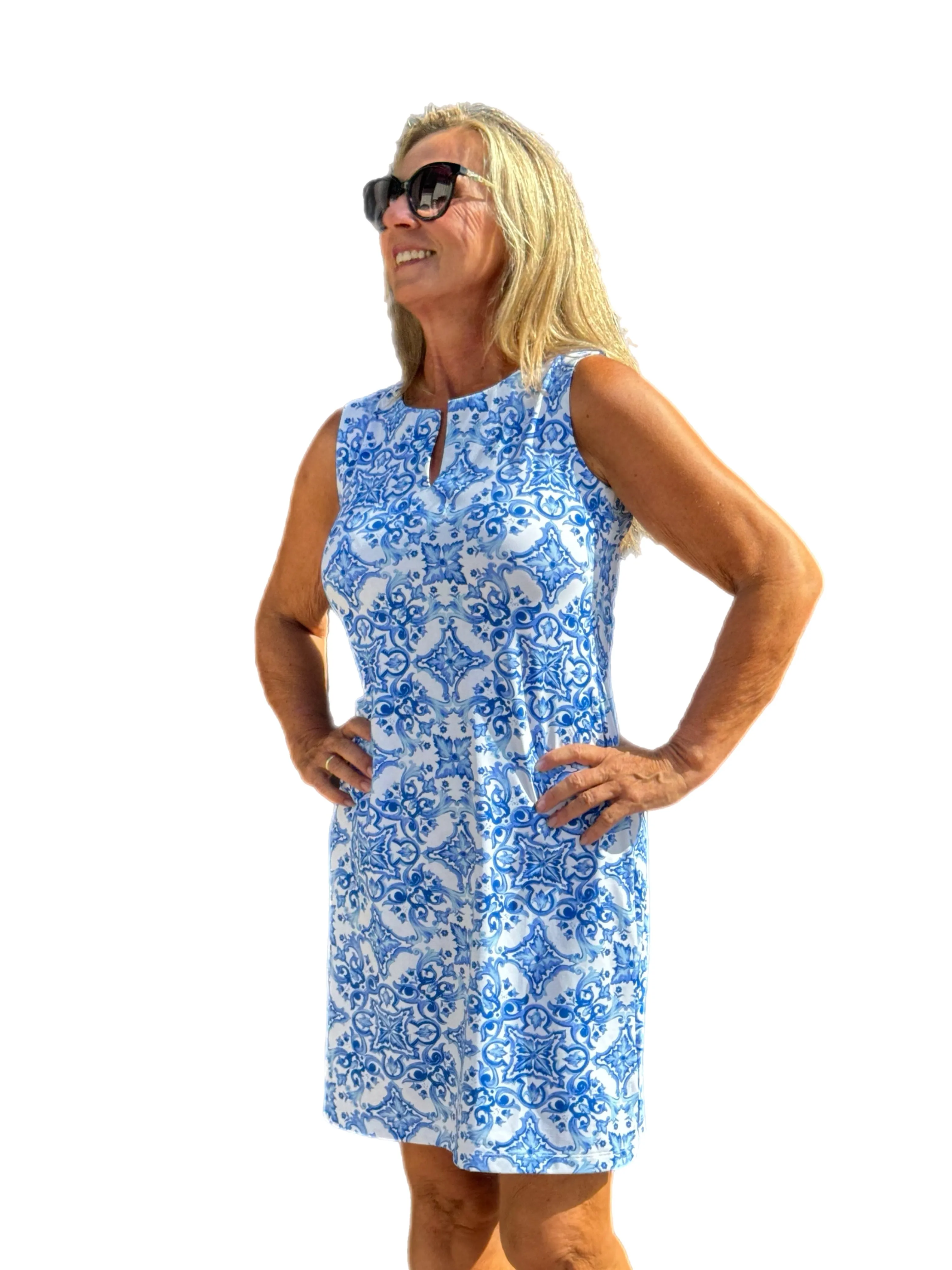 Sleeveless Shift Dress with UPF50  Blue Tile