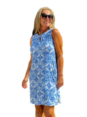 Sleeveless Shift Dress with UPF50  Blue Tile