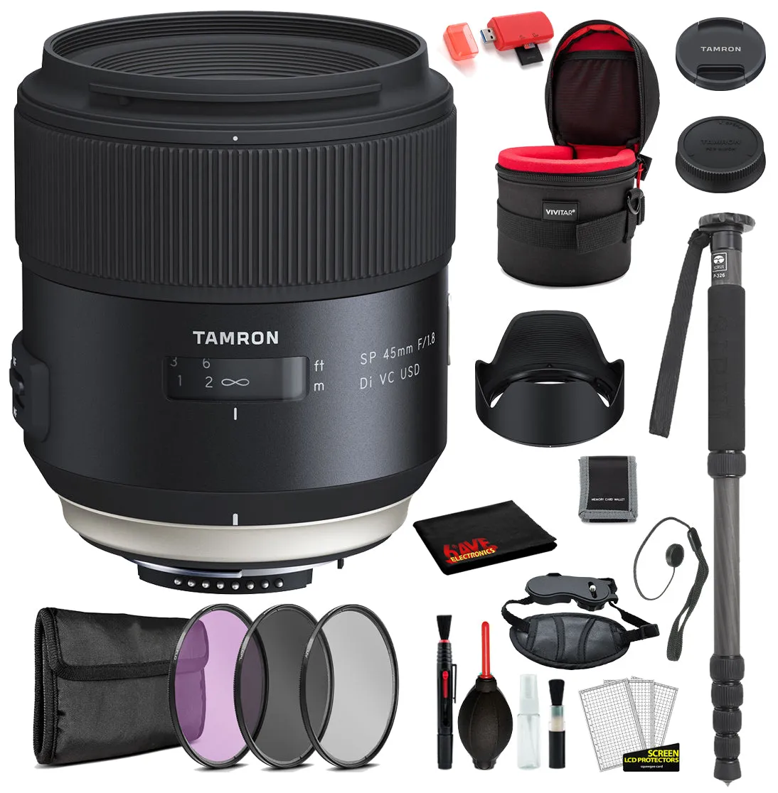 Tamron SP 45mm f/1.8 Di VC USD Lens for Nikon F  with Bundle Includes: Vivtar Padded Lens Case, 3PC Filter Kit   More