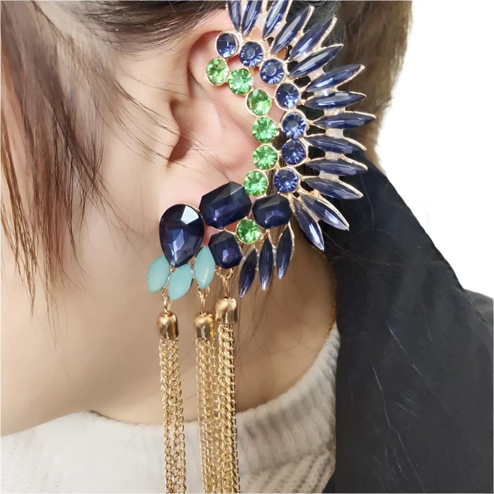 TEEK - One Ear Crystal Tassel Chain Clip Earring