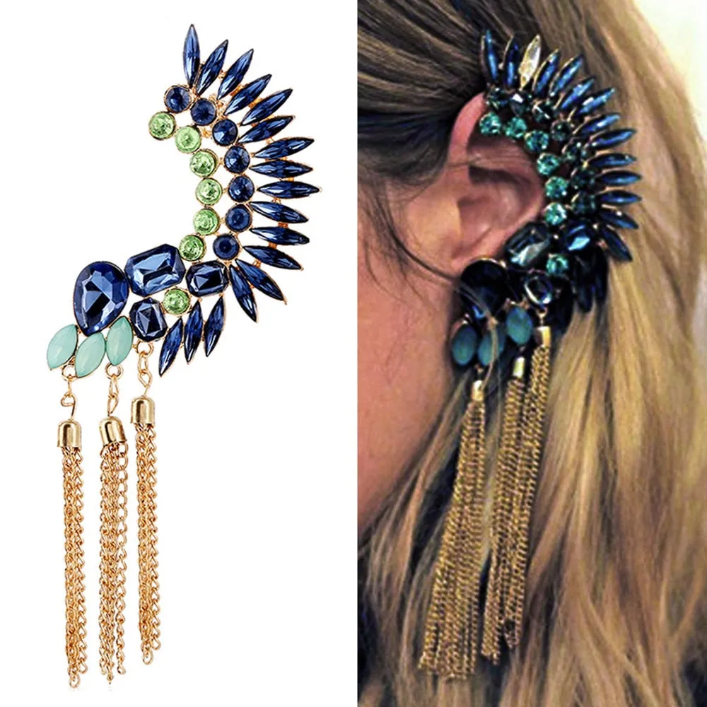 TEEK - One Ear Crystal Tassel Chain Clip Earring