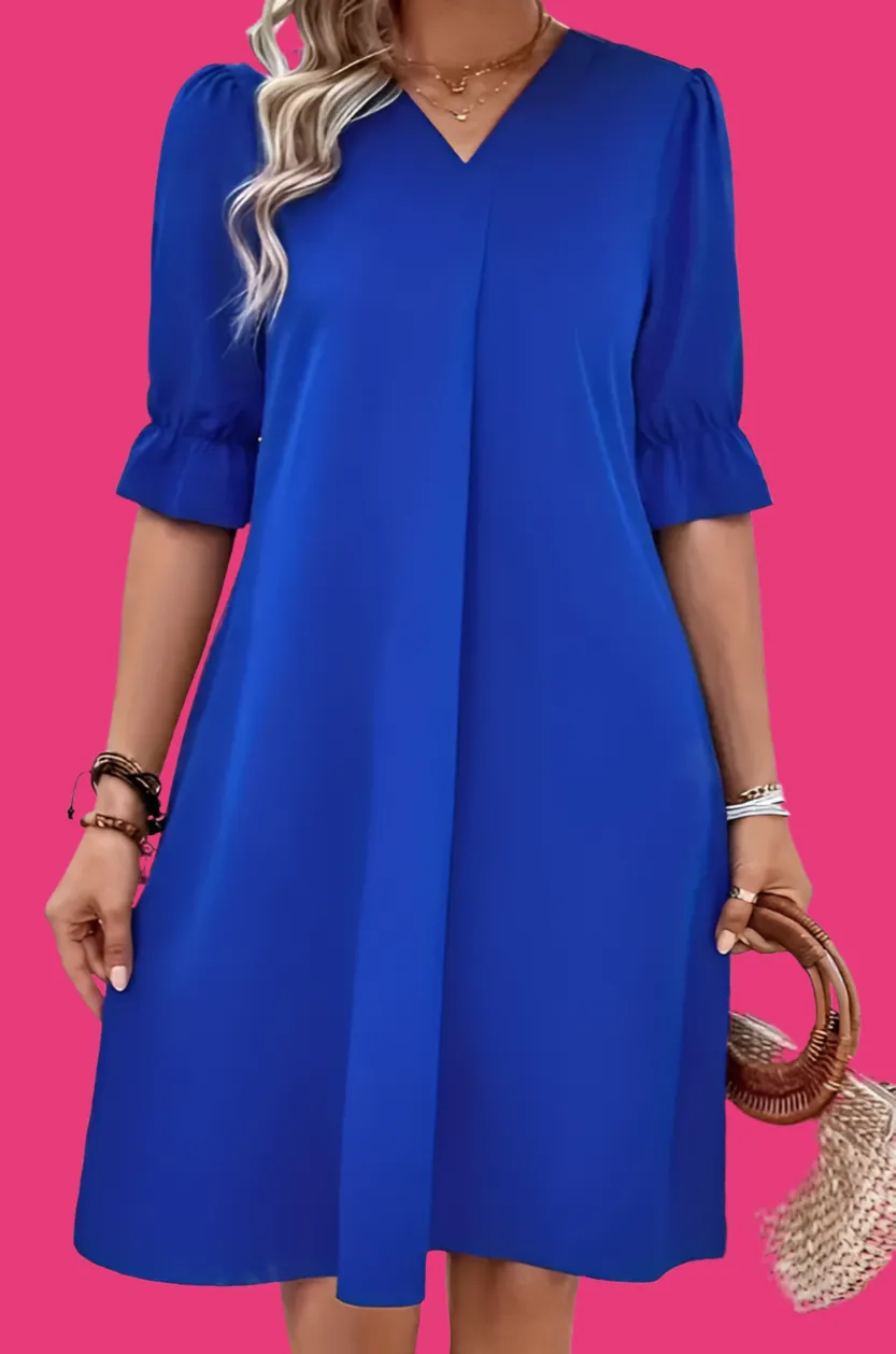 V-neck 3/4 Sleeve Knee Dress