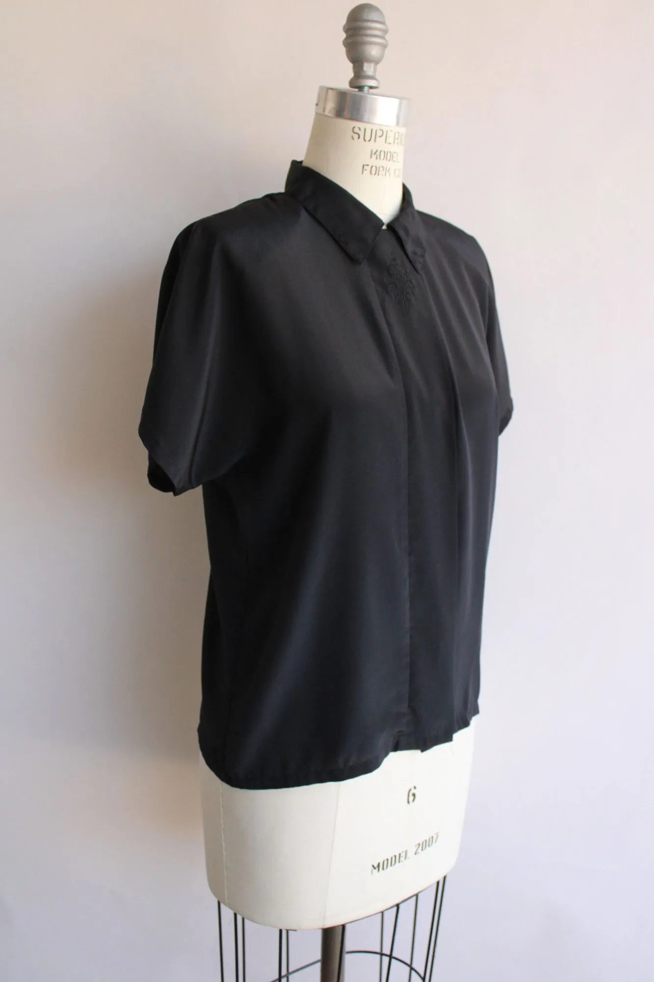 Vintage 1980s Black Embroidered Blouse with Shoulder Pads