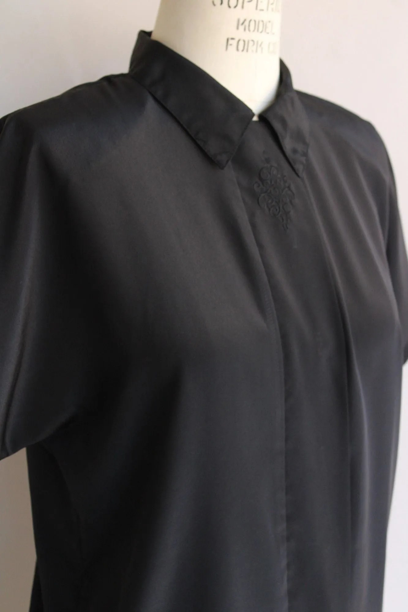 Vintage 1980s Black Embroidered Blouse with Shoulder Pads