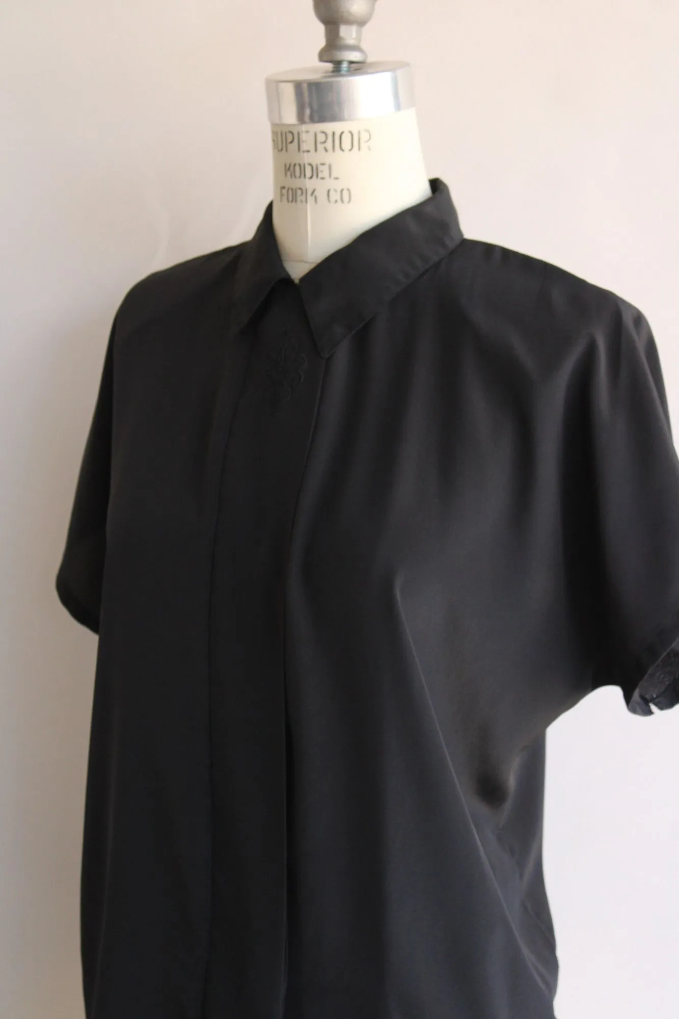 Vintage 1980s Black Embroidered Blouse with Shoulder Pads