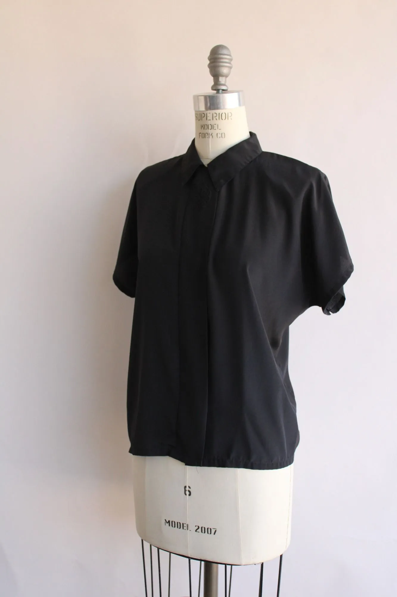 Vintage 1980s Black Embroidered Blouse with Shoulder Pads