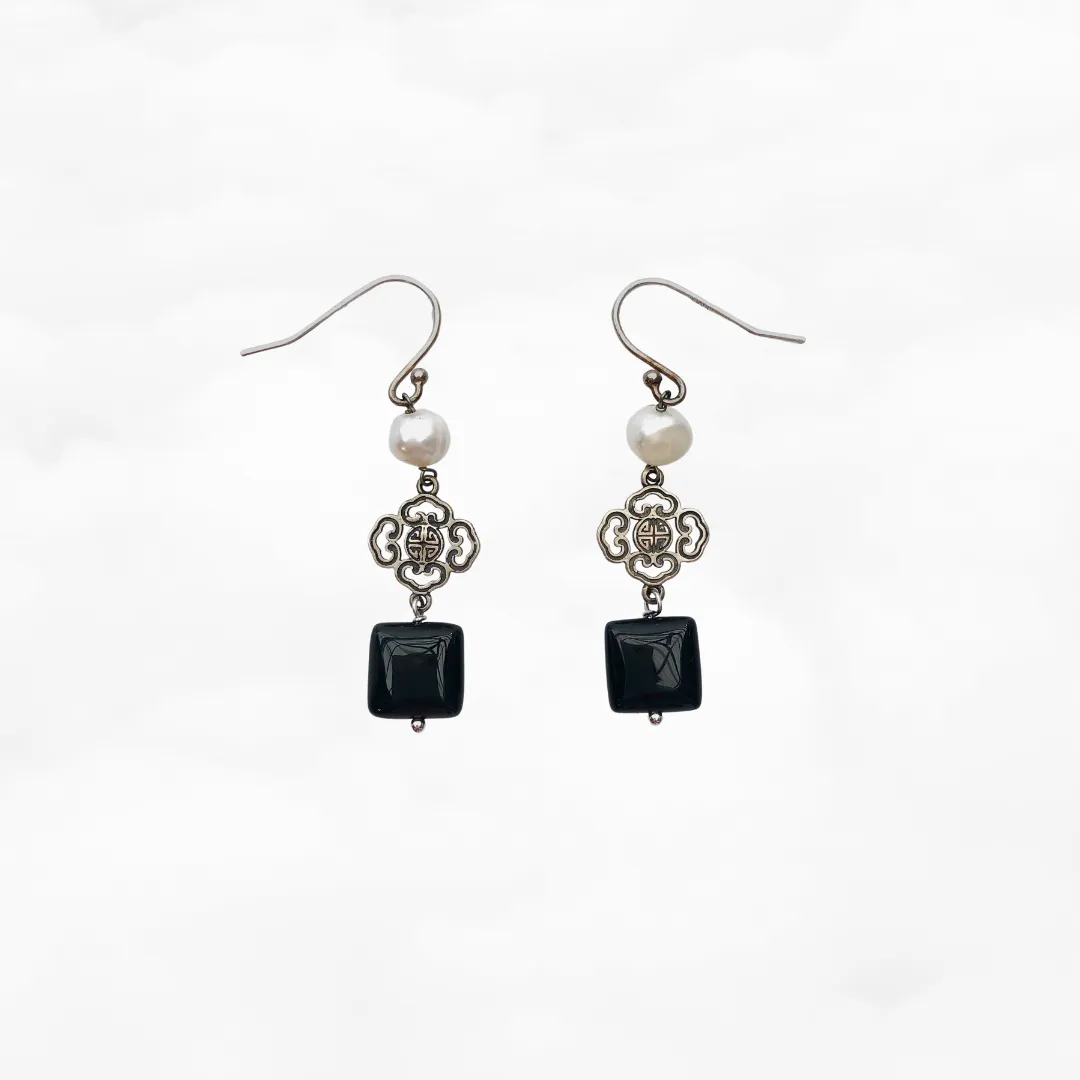 Vintage Gemstone Earrings - Obsidian & Pearl