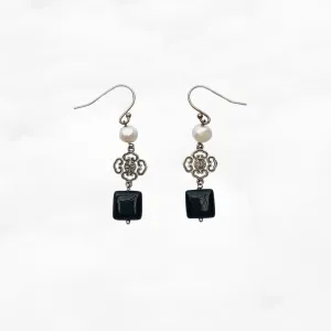 Vintage Gemstone Earrings - Obsidian & Pearl