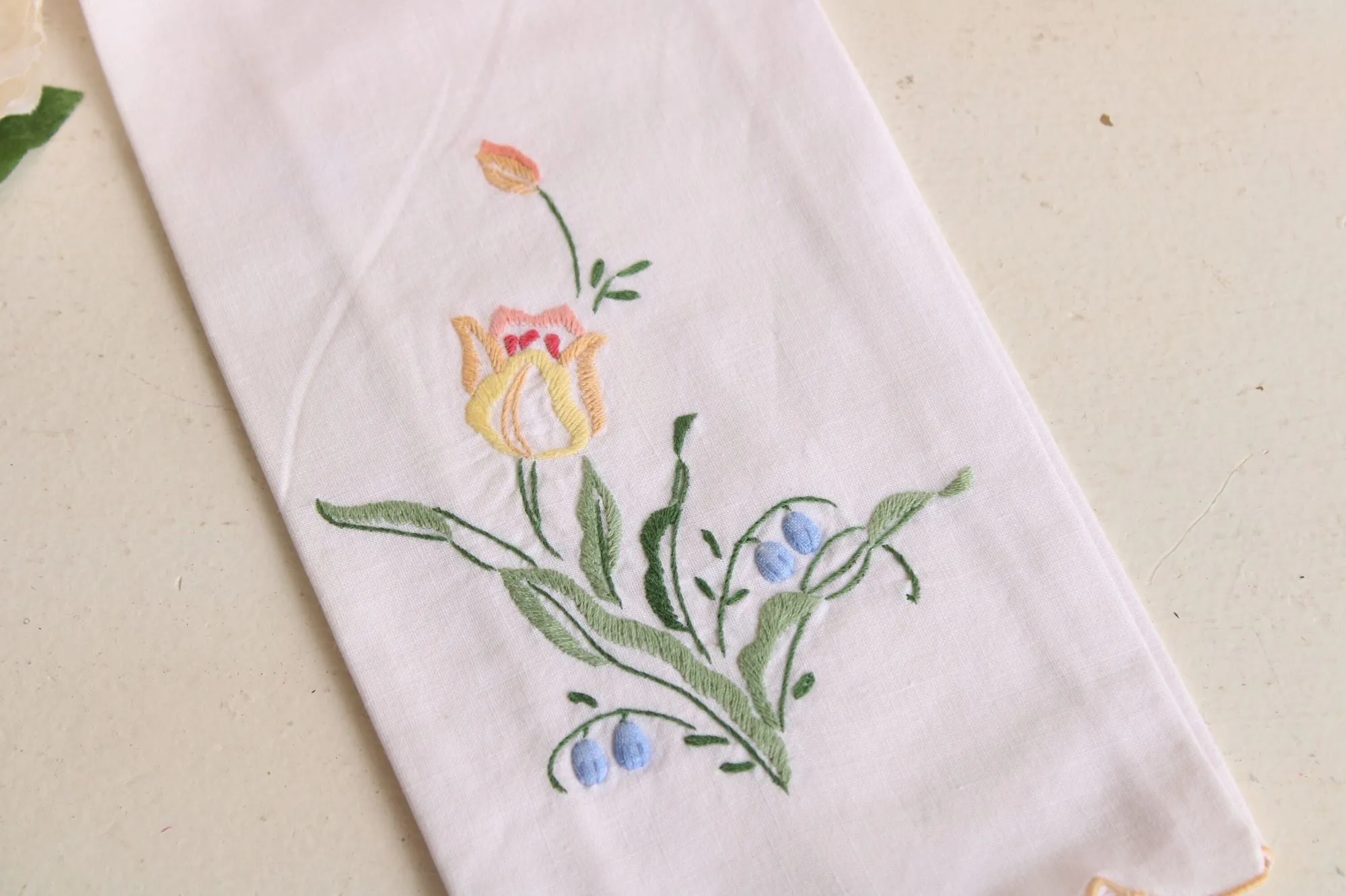 Vintage White Linen with Embroidered Flowers Hand Towel