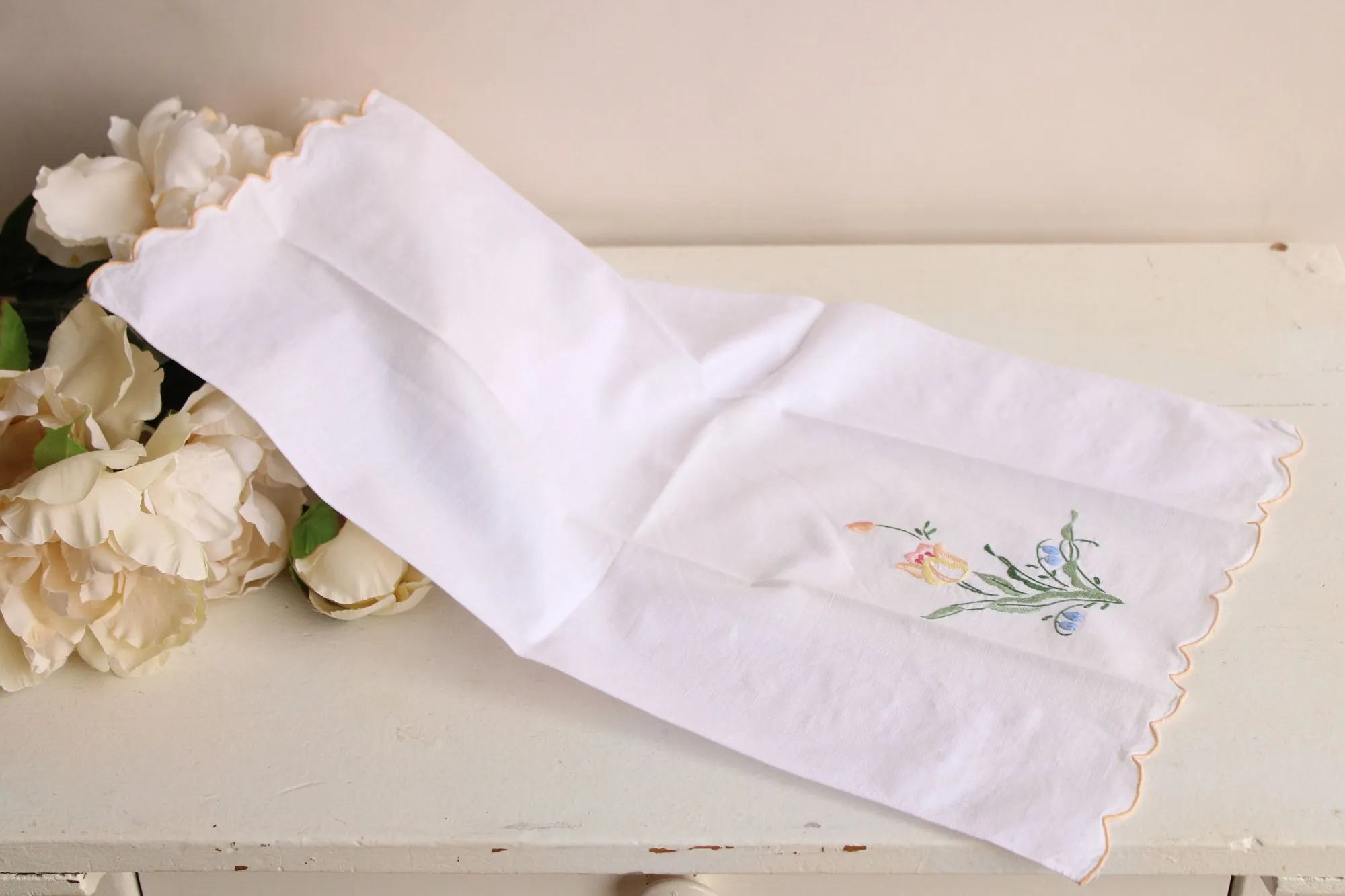 Vintage White Linen with Embroidered Flowers Hand Towel