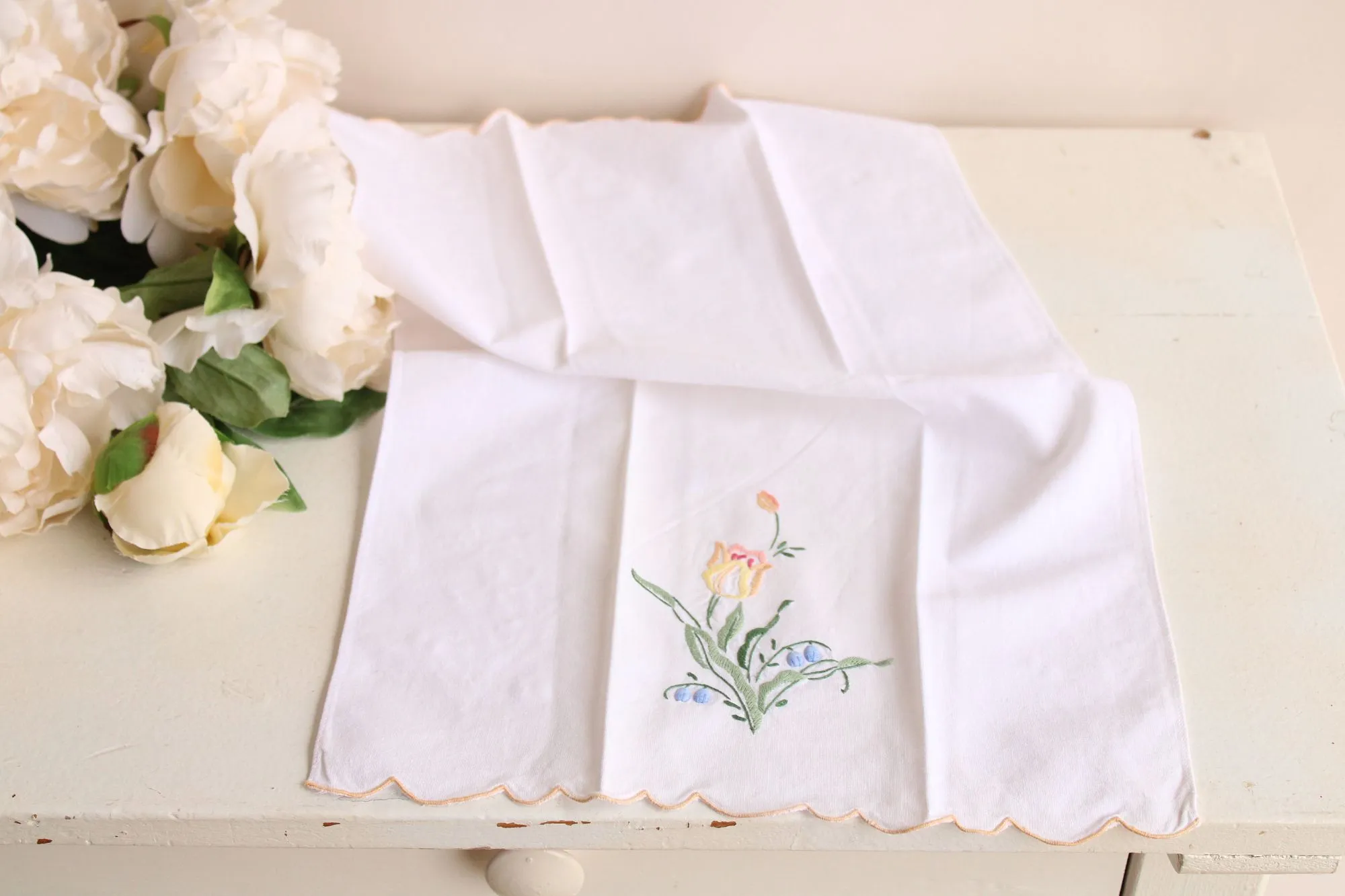 Vintage White Linen with Embroidered Flowers Hand Towel