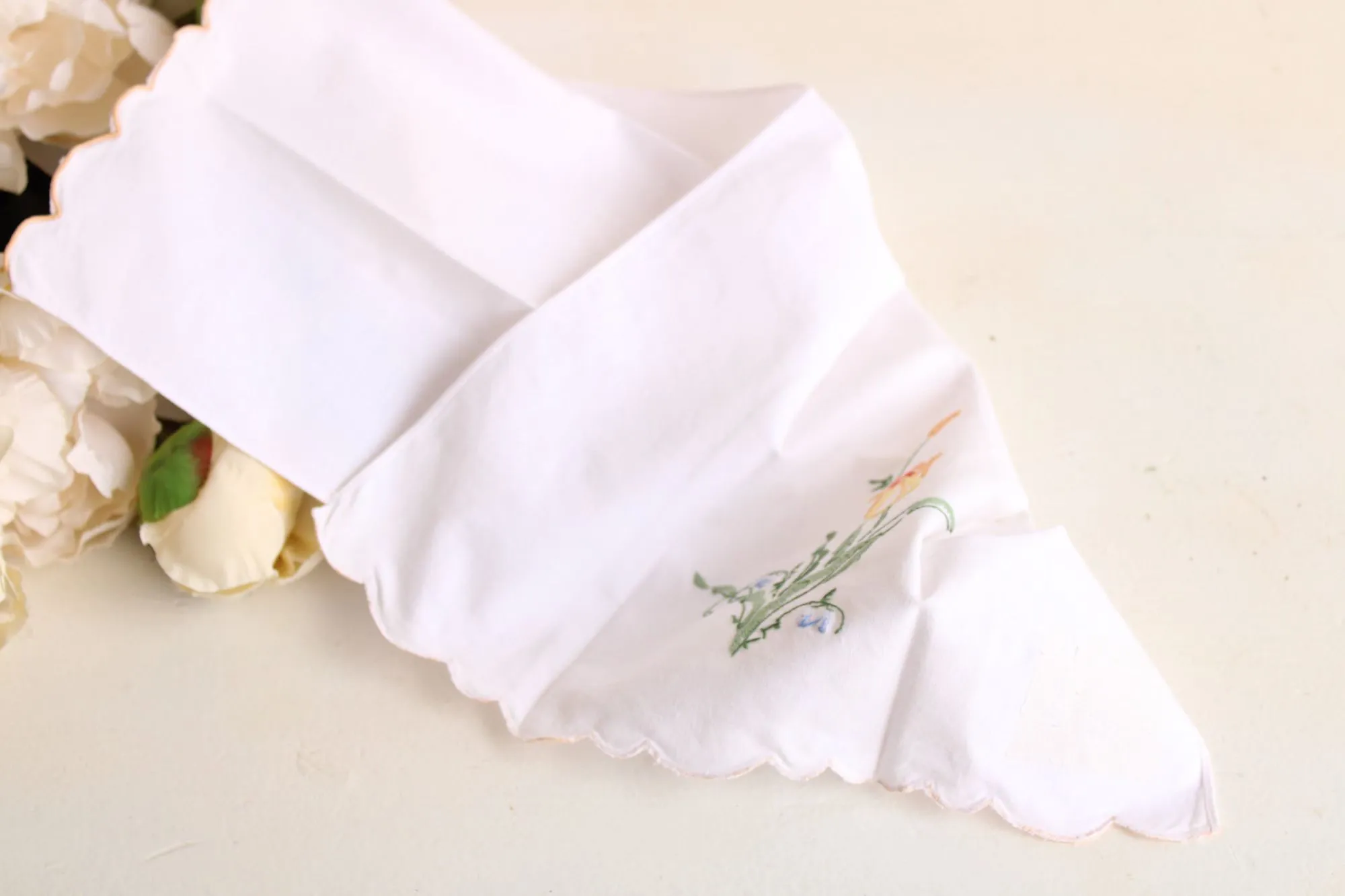 Vintage White Linen with Embroidered Flowers Hand Towel