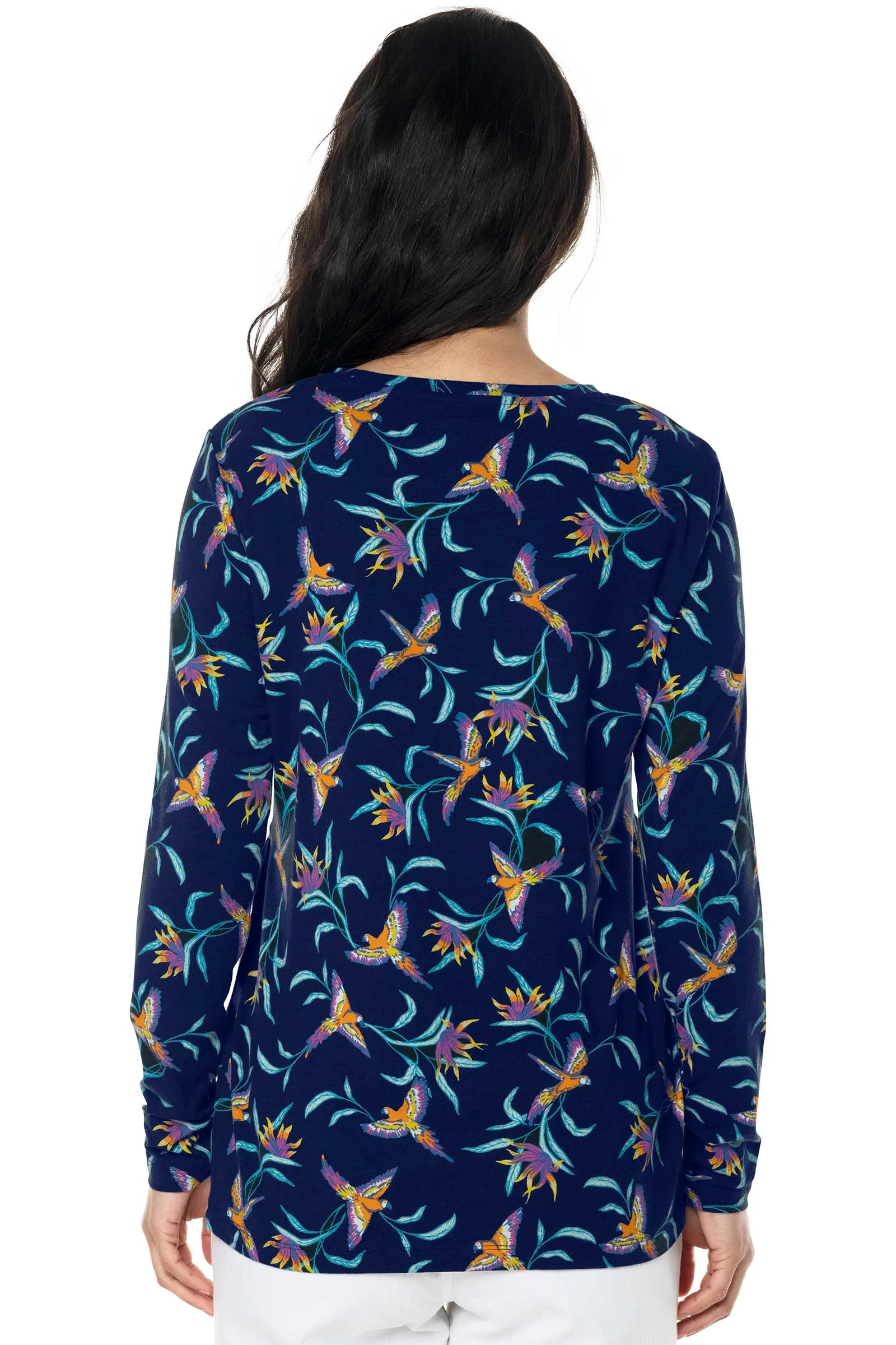 Women's Surf Side Slit Shirt  |  Navy Birds of Paradise