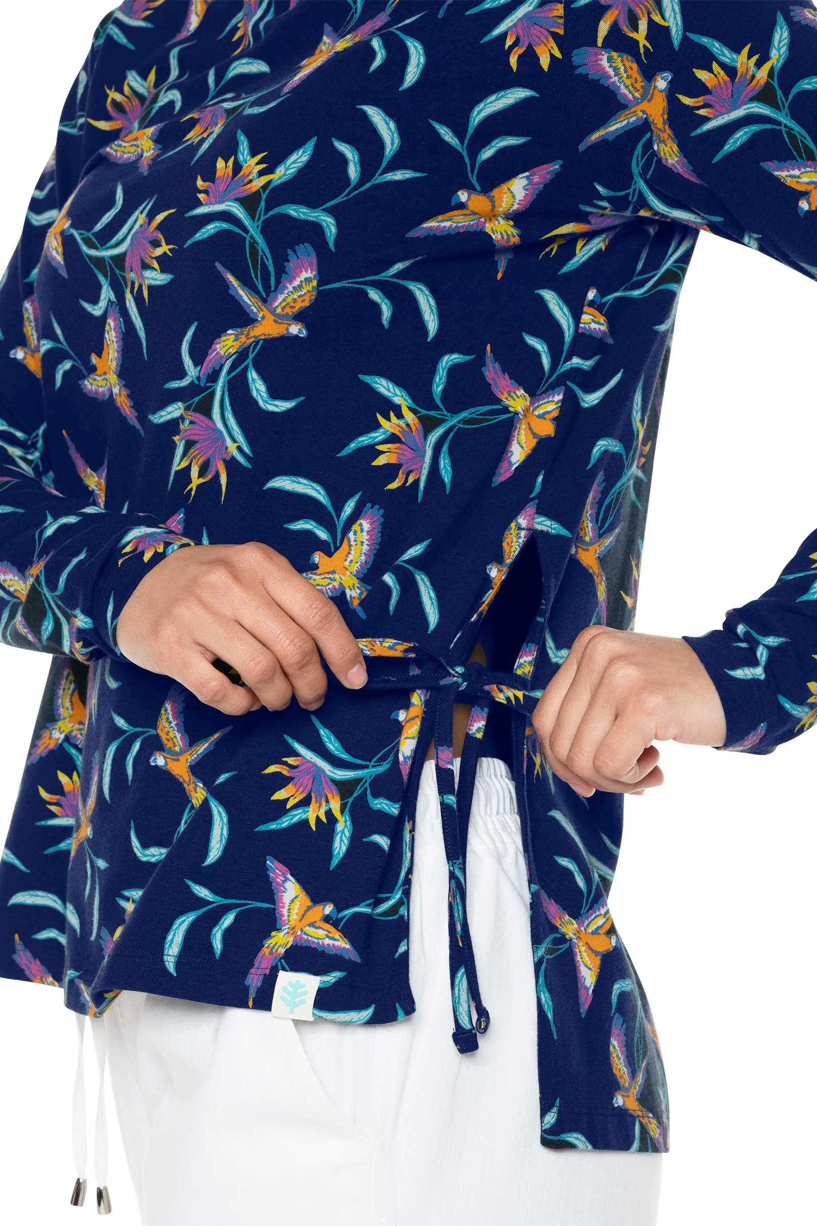 Women's Surf Side Slit Shirt  |  Navy Birds of Paradise