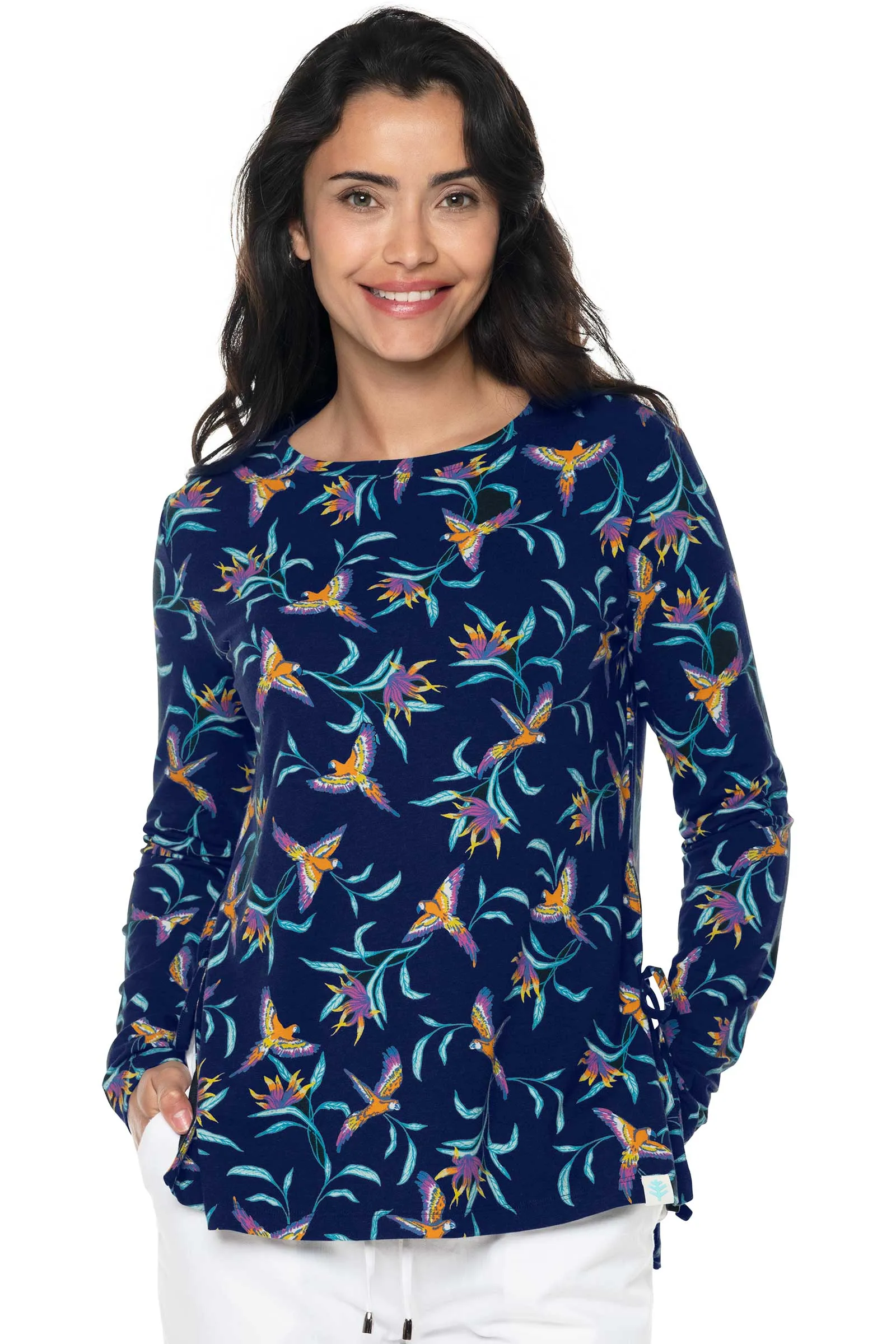 Women's Surf Side Slit Shirt  |  Navy Birds of Paradise