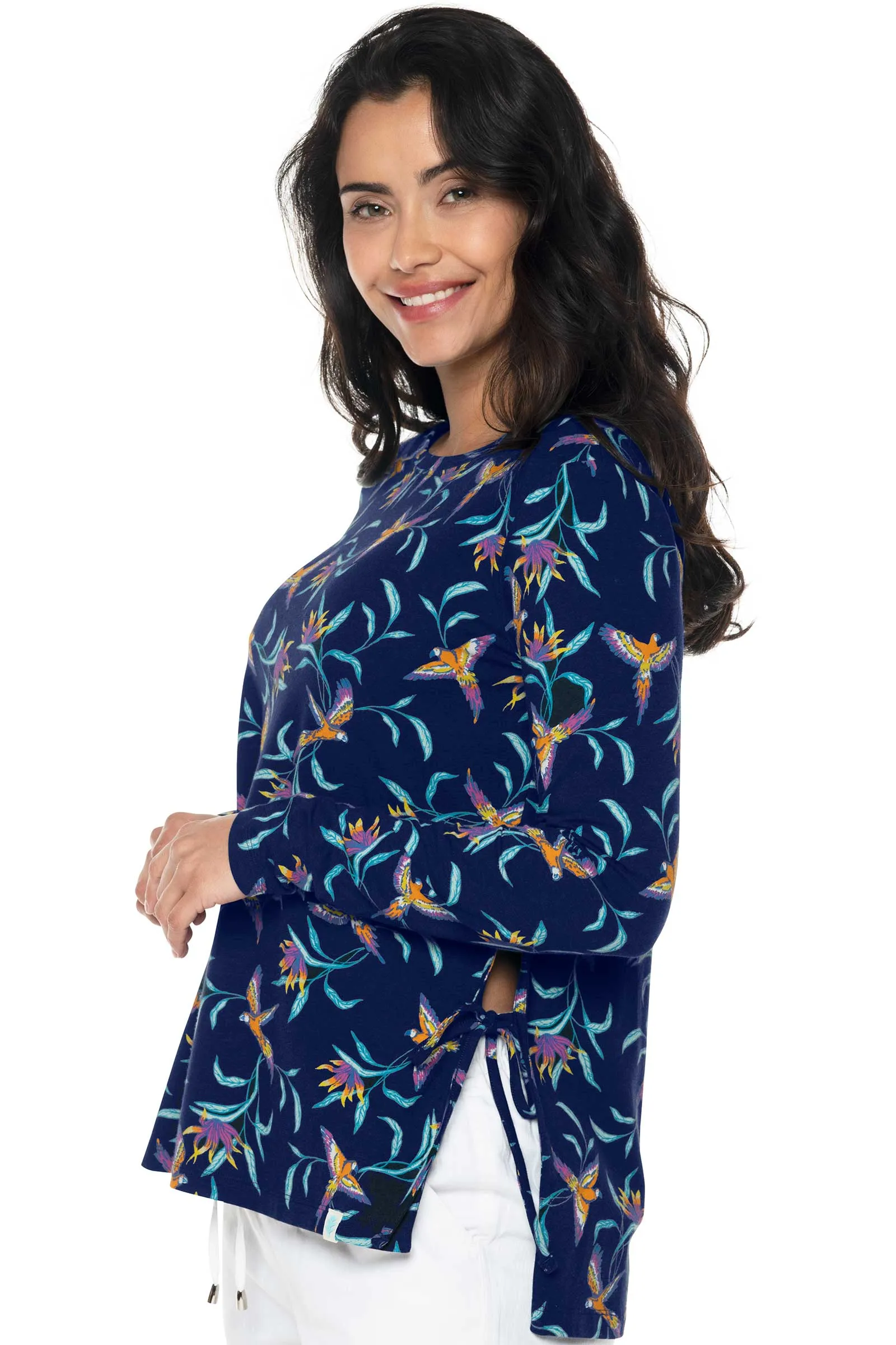 Women's Surf Side Slit Shirt  |  Navy Birds of Paradise