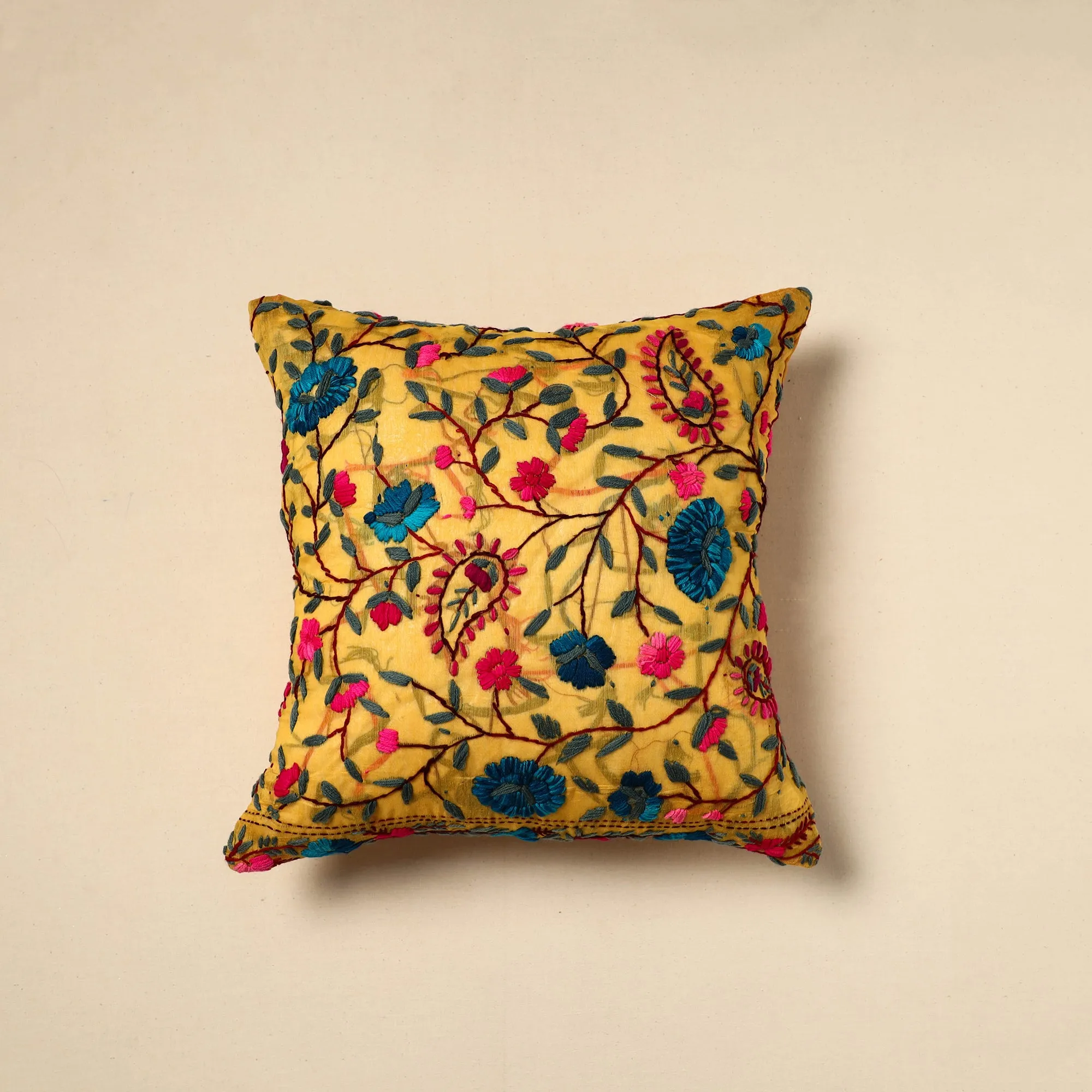 Yellow - Silk Cotton Phulkari Embroidered Cushion Cover 09